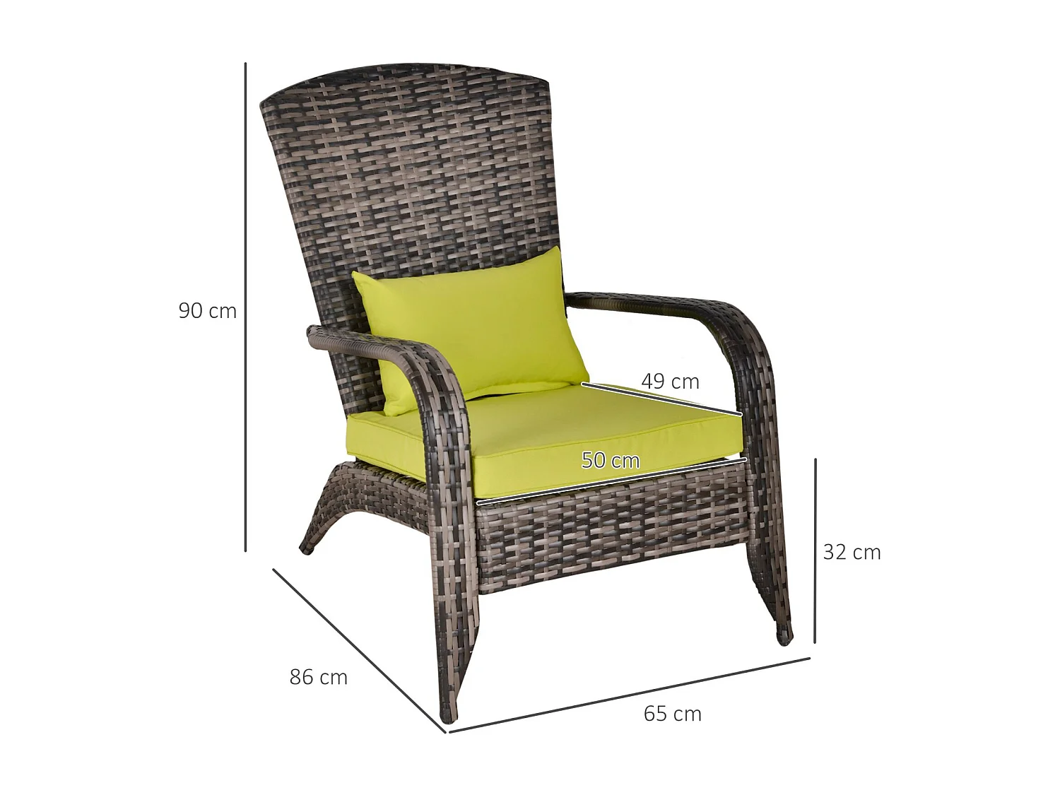EasyComfort Sedia da Giardino Adironrack con Braccioli e Cuscini, Sedia in Rattan e Acciaio per Interni ed Esterni, 64x80x90 cm, Verde