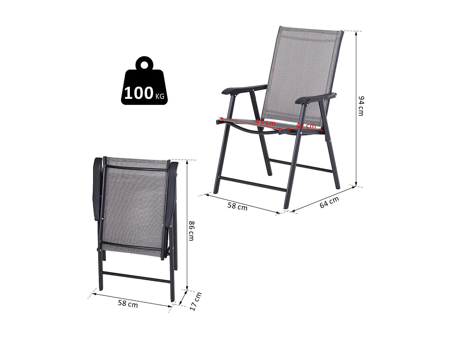 EasyComfort Set 2 Sedie Pieghevoli da Esterni in Acciaio e Texteline Per Giardino Veranda Terrazzo, Grigio, 58 x 64 x 94cm