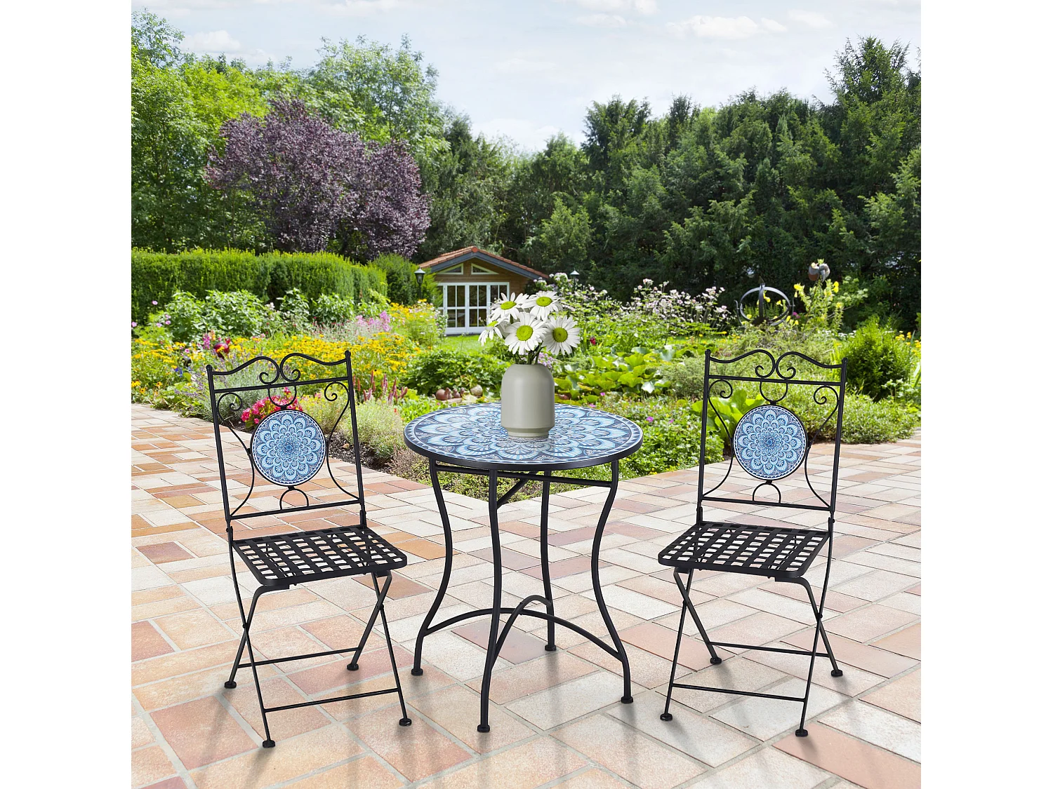 EasyComfort Set da Giardino 3 Pezzi, Tavolino e 2 Sedie Pieghevoli con Mosaico, Blu