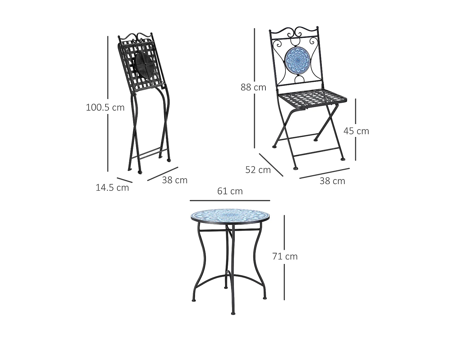 EasyComfort Set da Giardino 3 Pezzi, Tavolino e 2 Sedie Pieghevoli con Mosaico, Blu