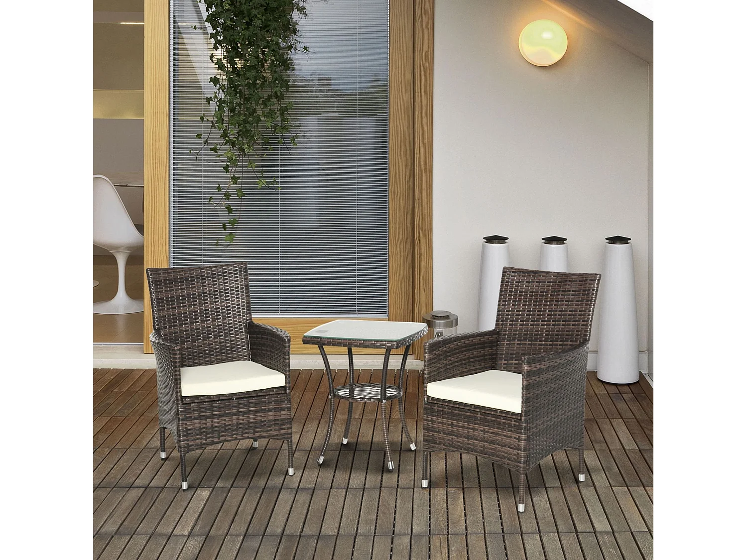 EasyComfort Set Mobili da Giardino Rattan Set Arredamento Giardino 3pz Tavolo con 2 Sedie con Cuscini Marrone