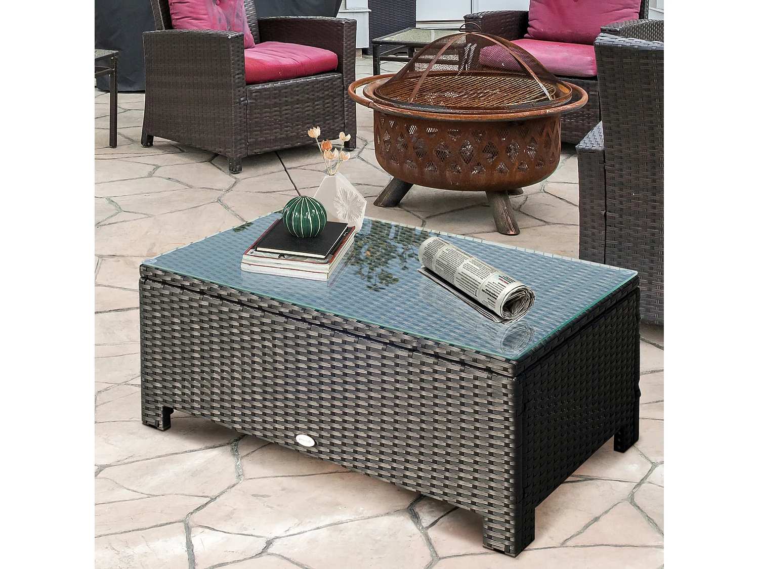 EasyComfort Ousunny Tavolino da Esterni in Rattan PE con Piano in Vetro Temperato, 85x50x39cm, Nero