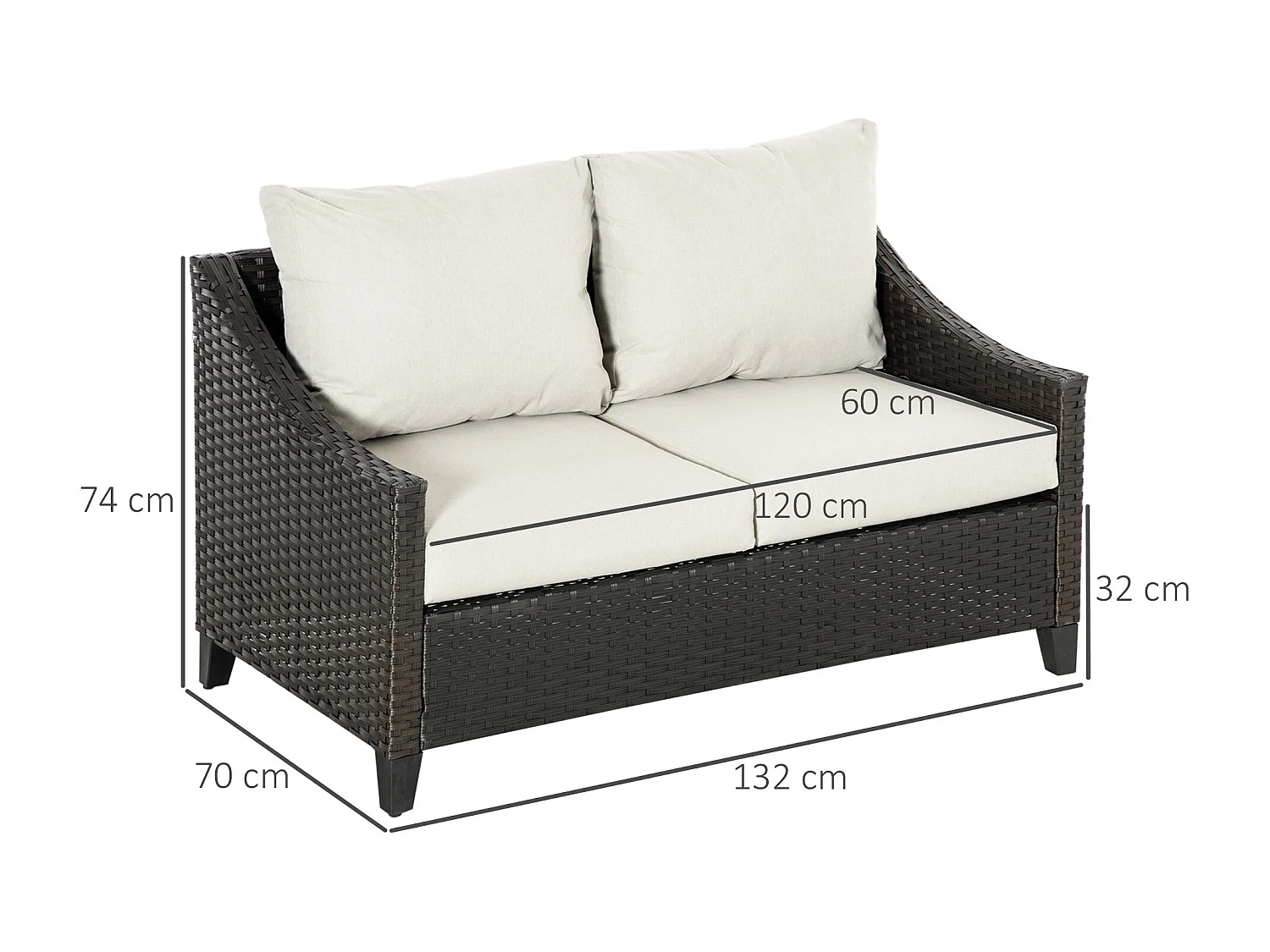 EasyComfort Divano da Giardino 2 Posti in Rattan PE con Cuscini, 132x70x74cm, Marrone