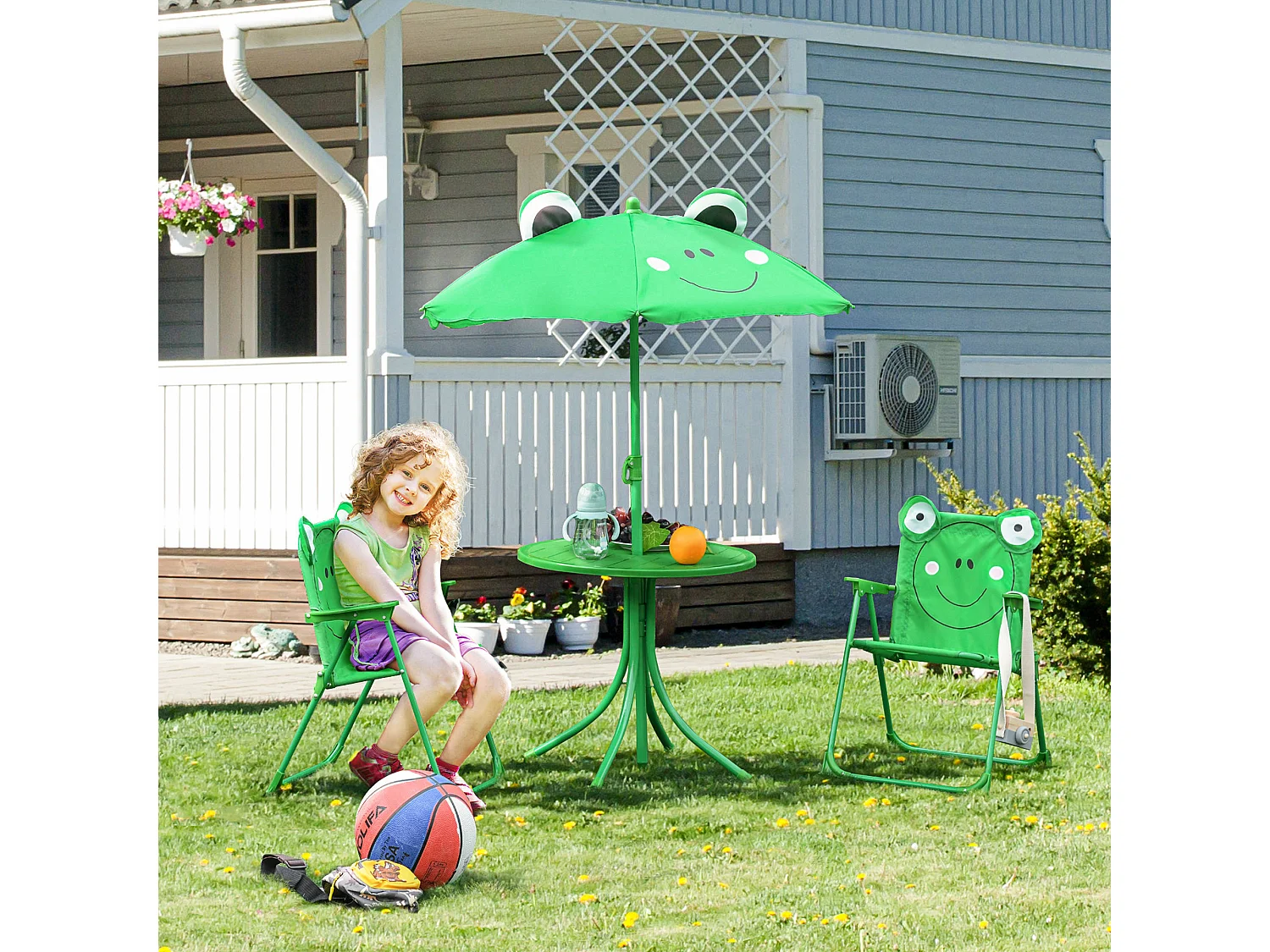 EasyComfort Set Tavolo da Giardino con 2 Sedie Pieghevoli, Tavolino con Sedie da Esterno con Ombrellone per Bambini in Metallo e Poliestere, Verde