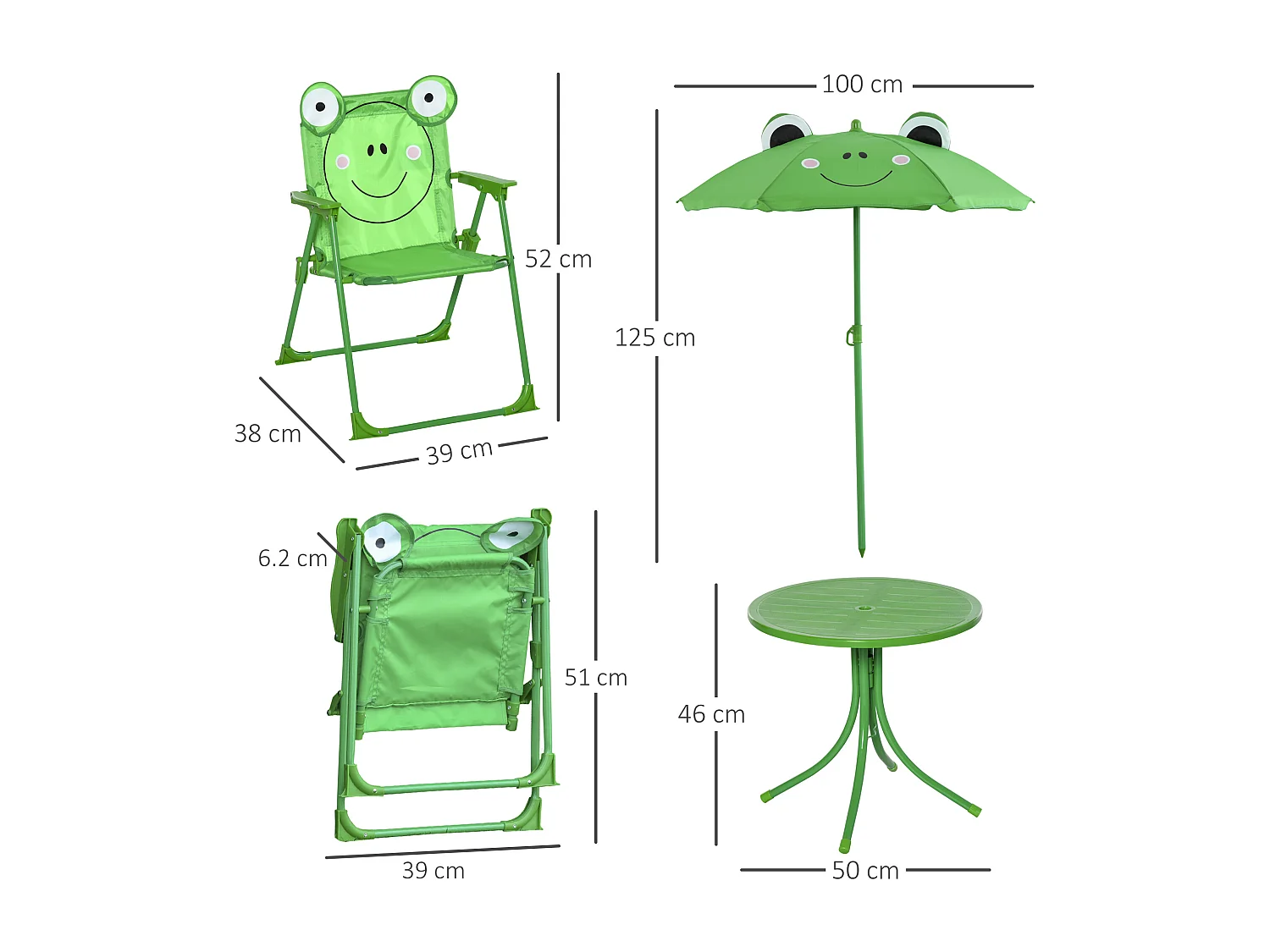 EasyComfort Set Tavolo da Giardino con 2 Sedie Pieghevoli, Tavolino con Sedie da Esterno con Ombrellone per Bambini in Metallo e Poliestere, Verde