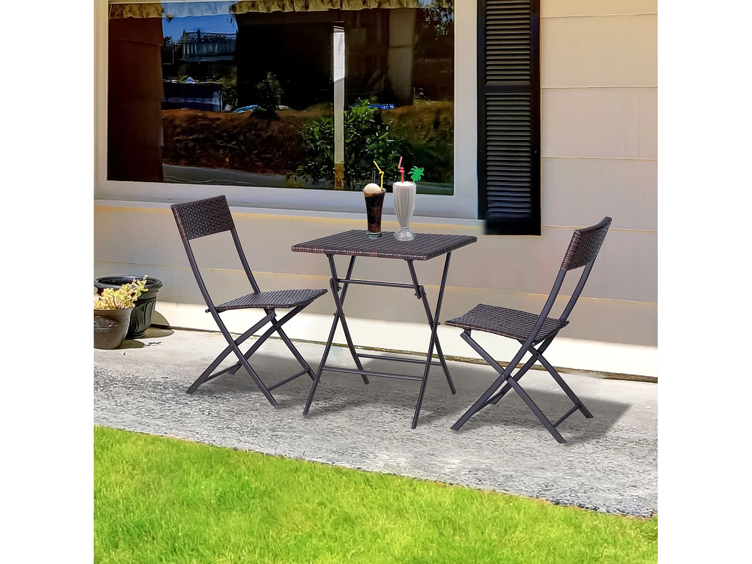 EasyComfort Set da Giardino Pieghevole da 3 Pezzi in Rattan PE e Metallo, Set 2 Sedie e Tavolino da Caffè, Protezione dai Raggi UV, Set di Mobili da