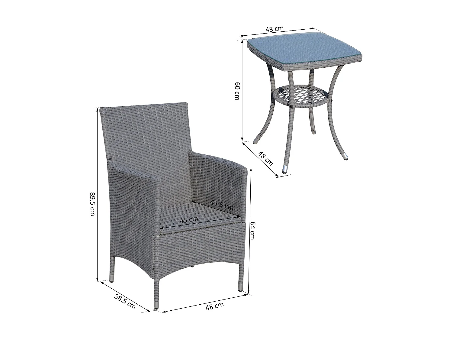 EasyComfort Set Giardino Esterno 3 Pezzi in Rattan PE e Acciaio, Set 2 Sedie con Cuscini Lavabili, Braccioli, Tavolino da Caffè con Piano in Vetro, S
