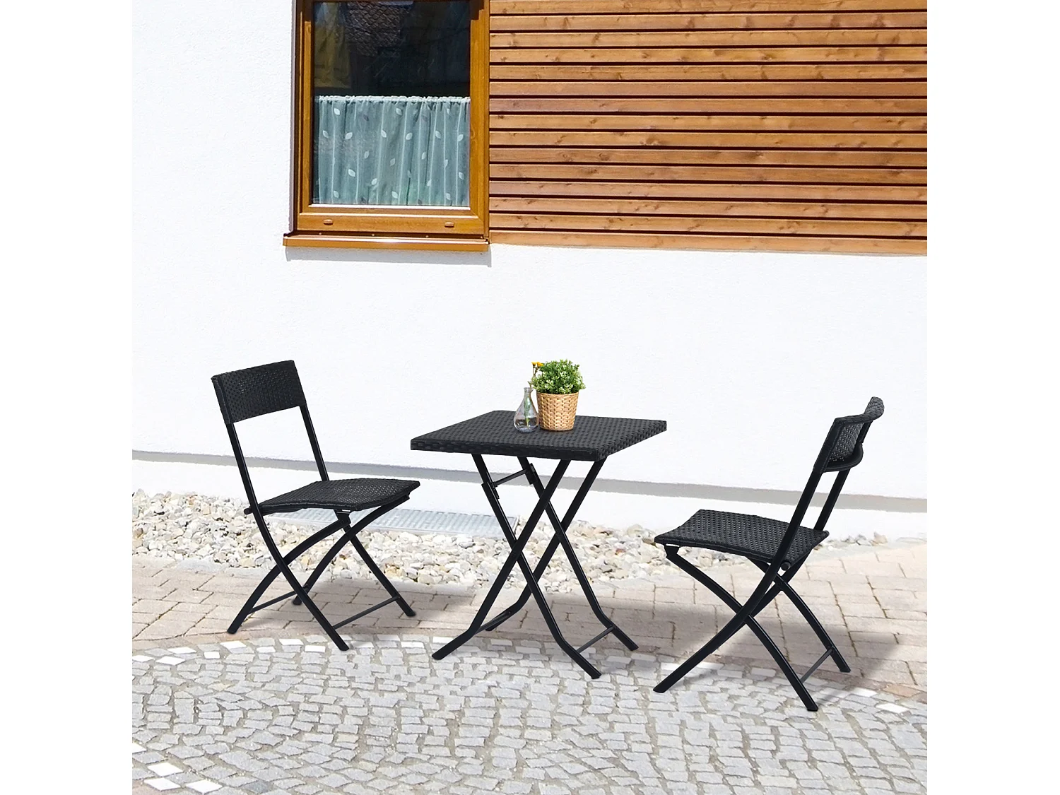EasyComfort Set da Giardino Pieghevole da 3 Pezzi in Rattan PE e Metallo, Set 2 Sedie e Tavolino da Caffè, Protezione dai Raggi UV, Set di Mobili da