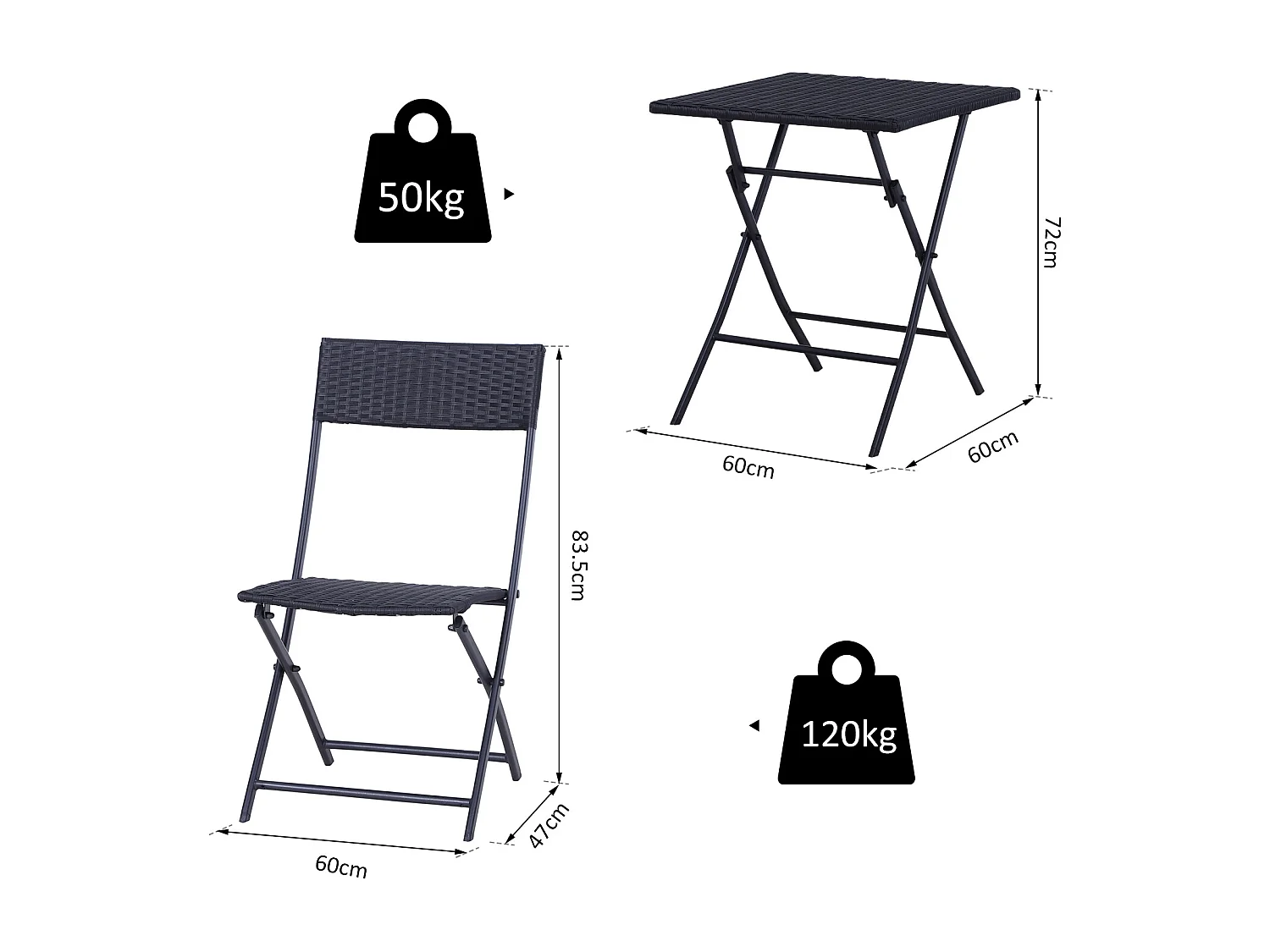 EasyComfort Set da Giardino Pieghevole da 3 Pezzi in Rattan PE e Metallo, Set 2 Sedie e Tavolino da Caffè, Protezione dai Raggi UV, Set di Mobili da