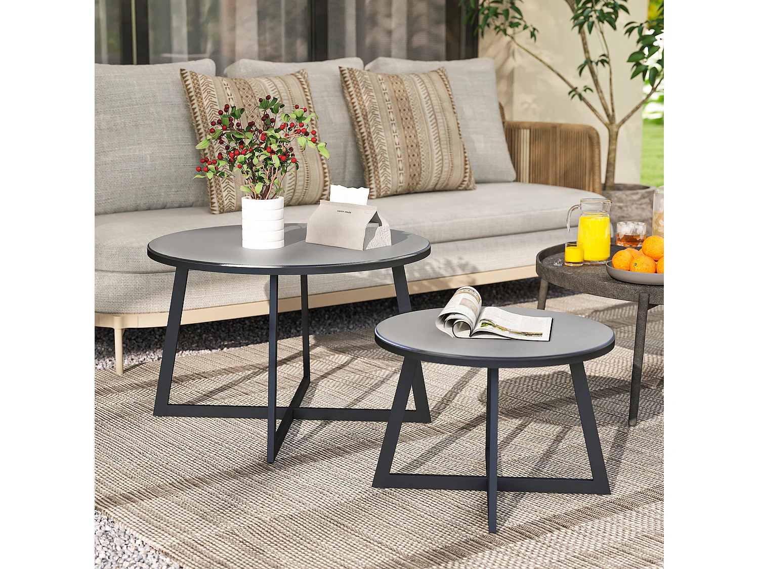 EasyComfort Set 2 Tavolini per Esterni con Piano in Vetro Temperato, Ø70x45 cm e Ø50x35 cm, Grigio