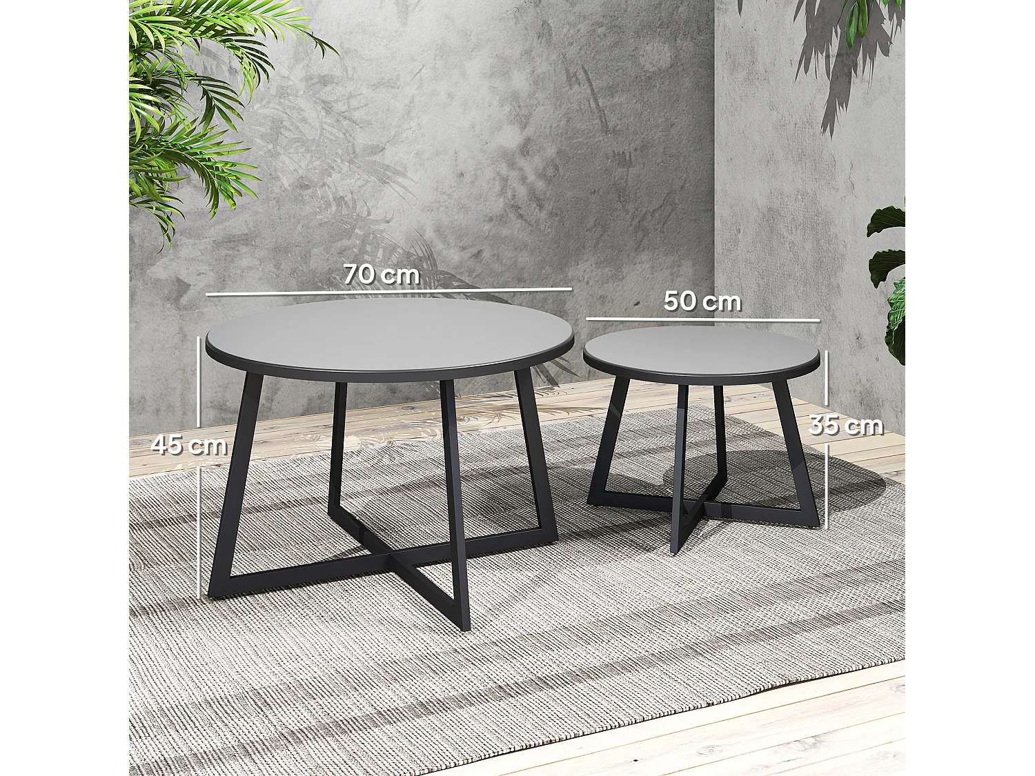 EasyComfort Set 2 Tavolini per Esterni con Piano in Vetro Temperato, Ø70x45 cm e Ø50x35 cm, Grigio