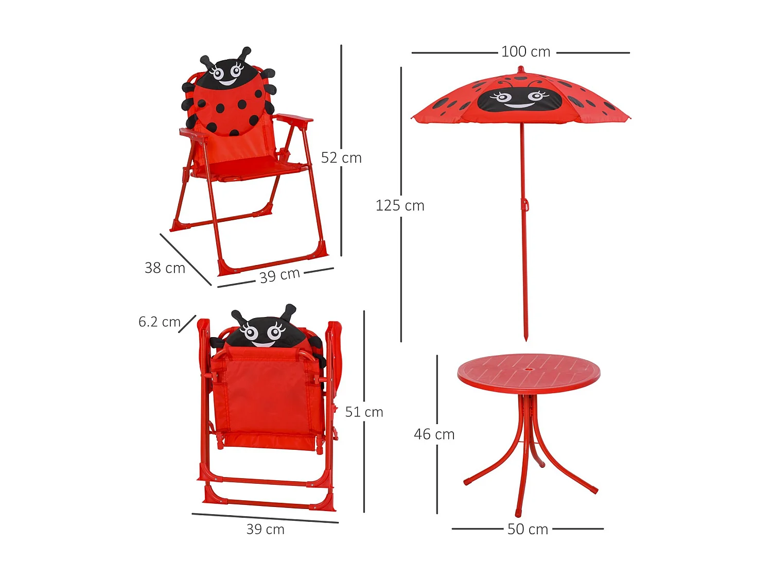 EasyComfort Set Tavolo da Giardino con 2 Sedie Pieghevoli, Tavolino con Sedie da Esterno con Ombrellone per Bambini in Metallo e Poliestere, Rosso
