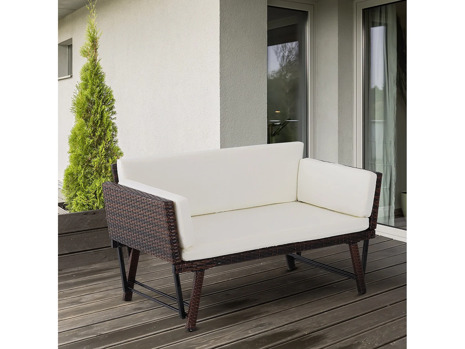 EasyComfort Divano 2 Posti con Braccioli Estensibili da Giardino Rattan 129x63x67cm Bianco, Marrone