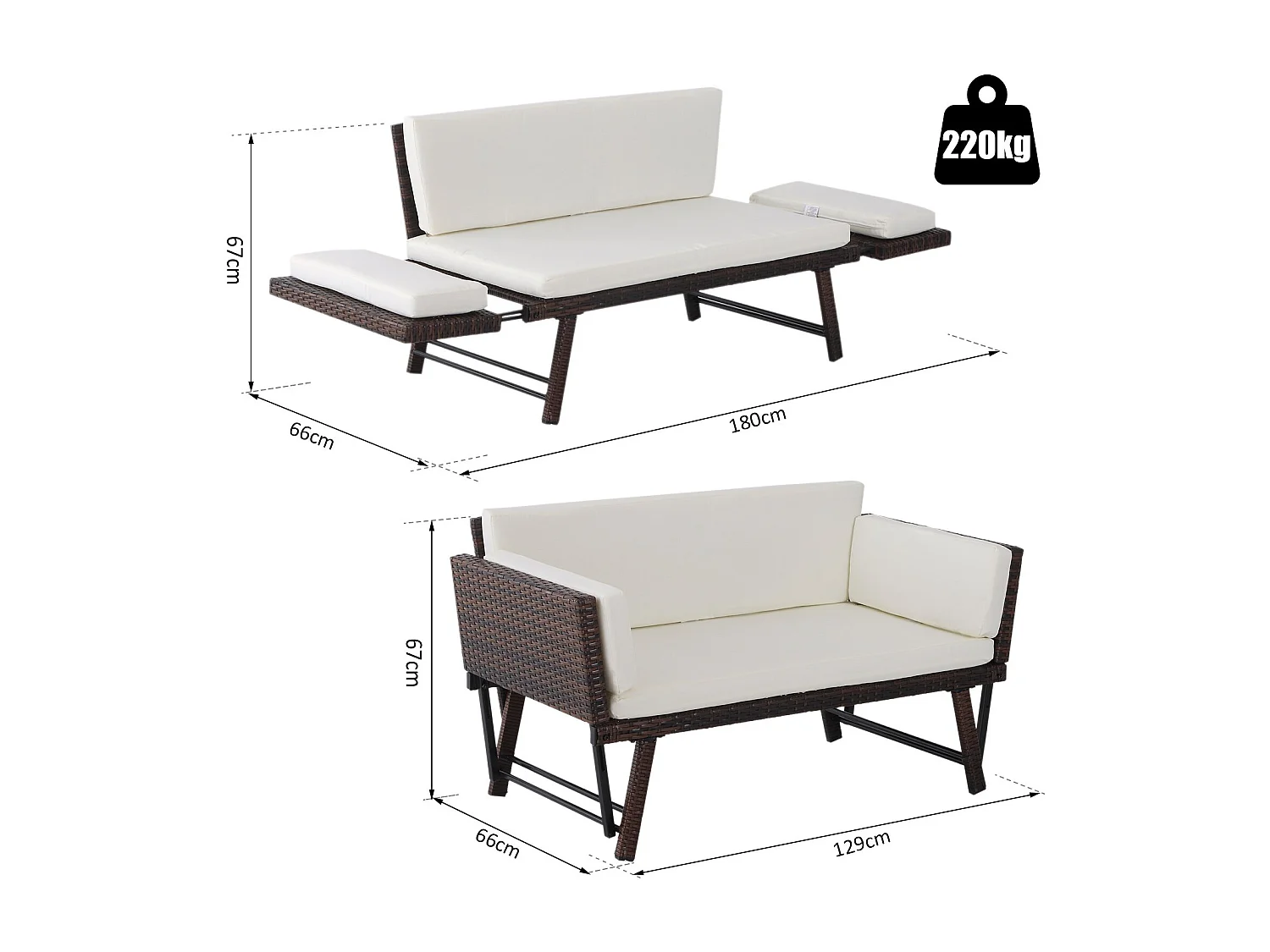 EasyComfort Divano 2 Posti con Braccioli Estensibili da Giardino Rattan 129x63x67cm Bianco, Marrone