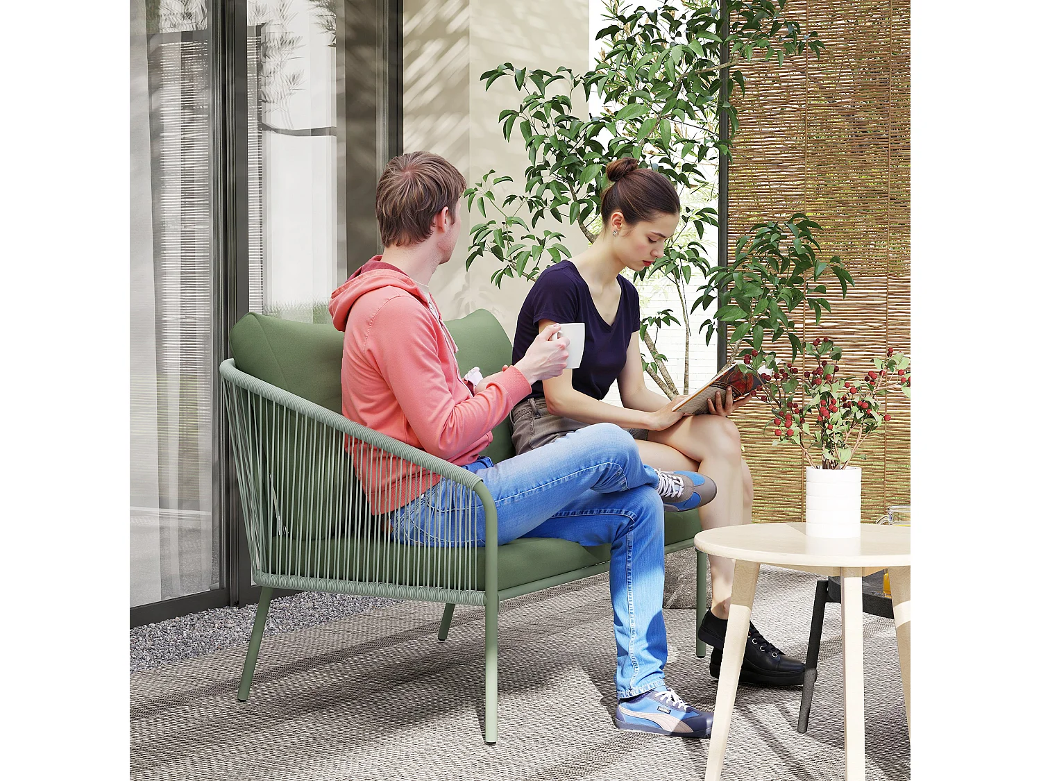 EasyComfort Divano da Giardino 2 Posti in Rattan PE Stile Boho con Cuscini Sfoderabili e Braccioli, Verde