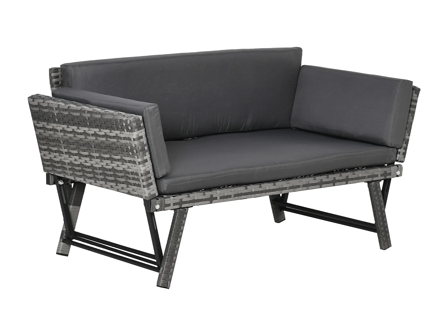 EasyComfort Divano da Giardino 2 Posti in Rattan con Imbottitura e Braccioli Ribaltabili, 129x63x67cm, Grigio