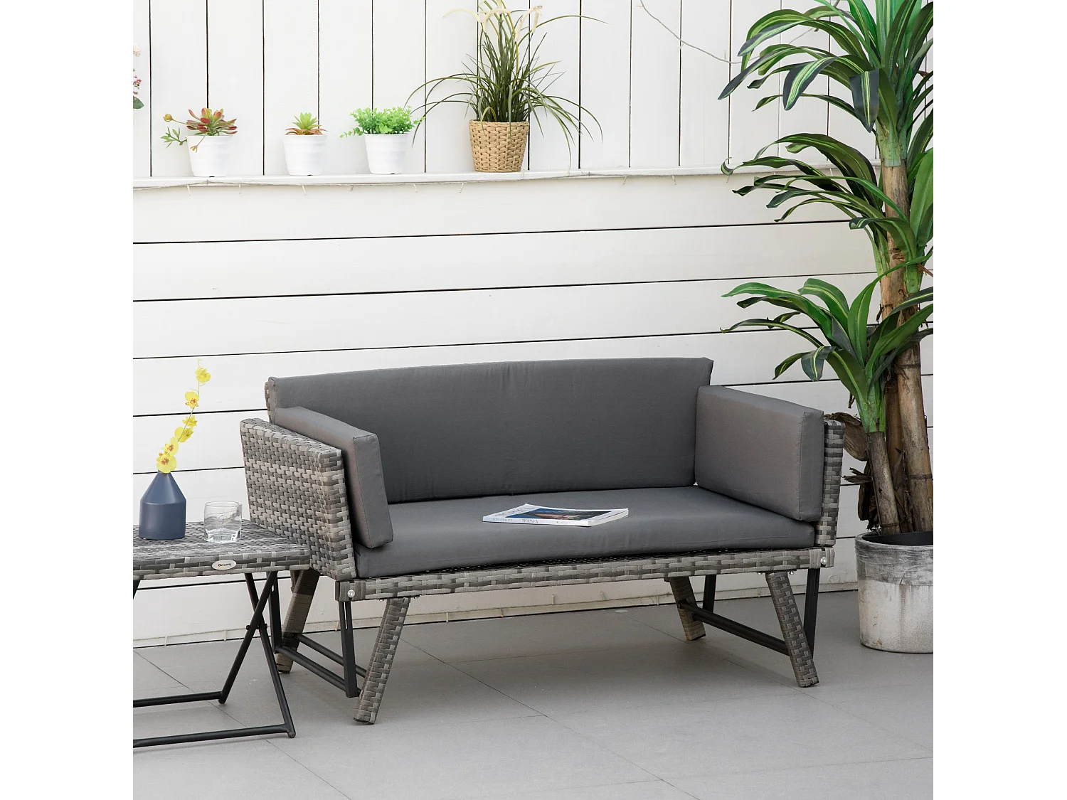EasyComfort Divano da Giardino 2 Posti in Rattan con Imbottitura e Braccioli Ribaltabili, 129x63x67cm, Grigio
