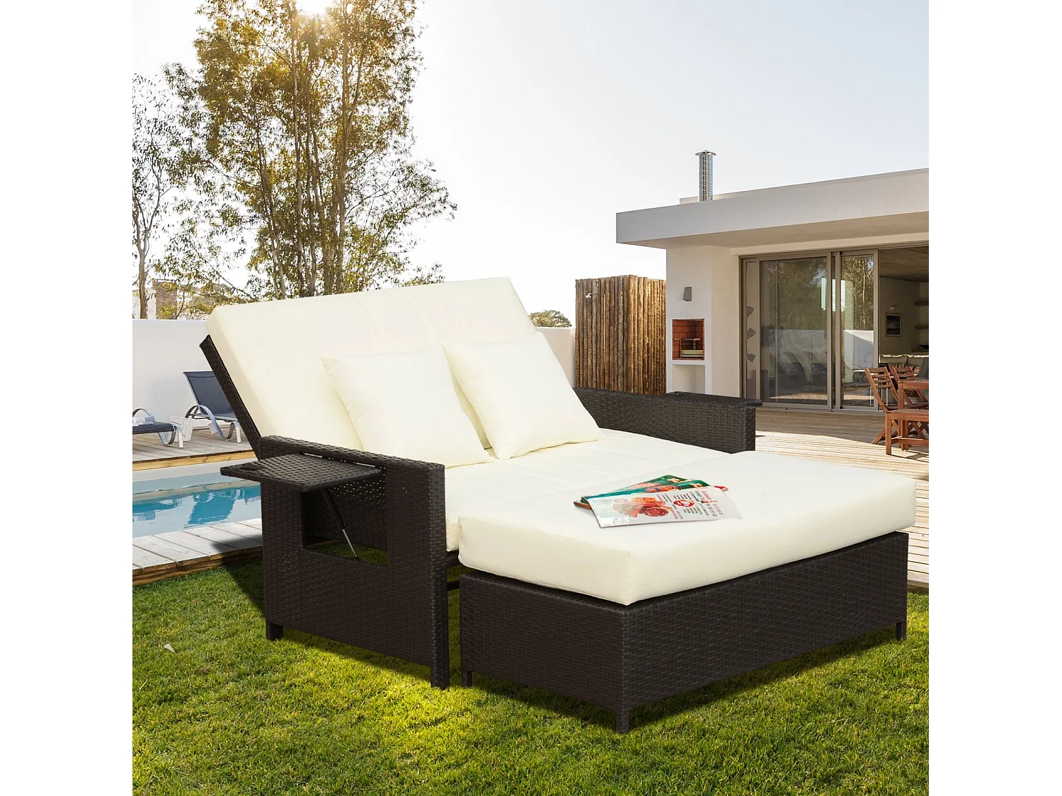 EasyComfort Divanetto da Giardino Componibile con Panca, Mobili da Giardino in Rattan Marrone, Set 2 Pezzi Salvaspazio