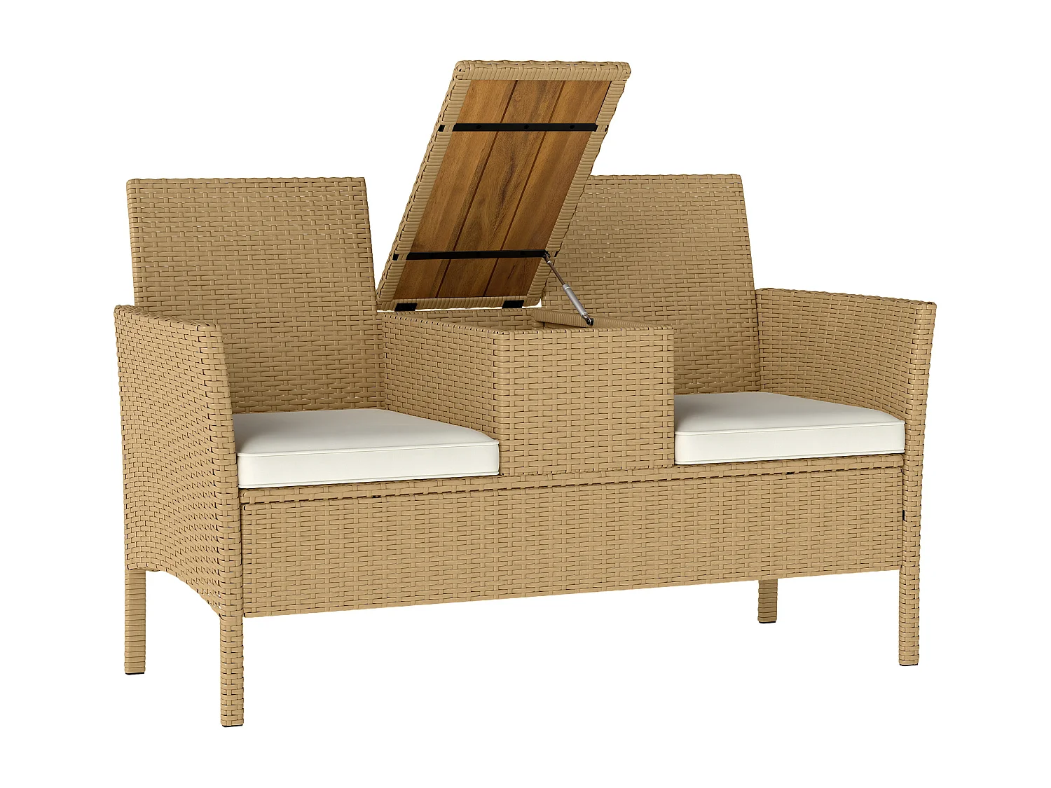 EasyComfort Panca da Giardino con Tavolino a Ribalta Portaoggetti, in Rattan e Acciaio, 134x58x82 cm, Crema e Cachi