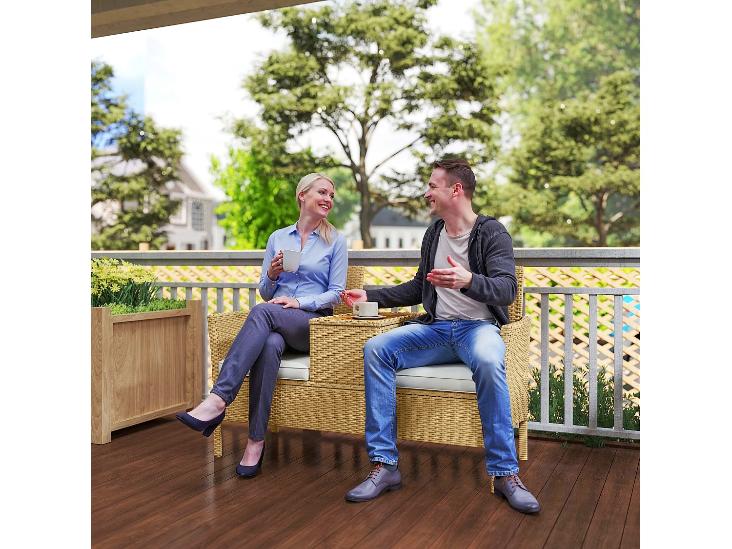 EasyComfort Panca da Giardino con Tavolino a Ribalta Portaoggetti, in Rattan e Acciaio, 134x58x82 cm, Crema e Cachi