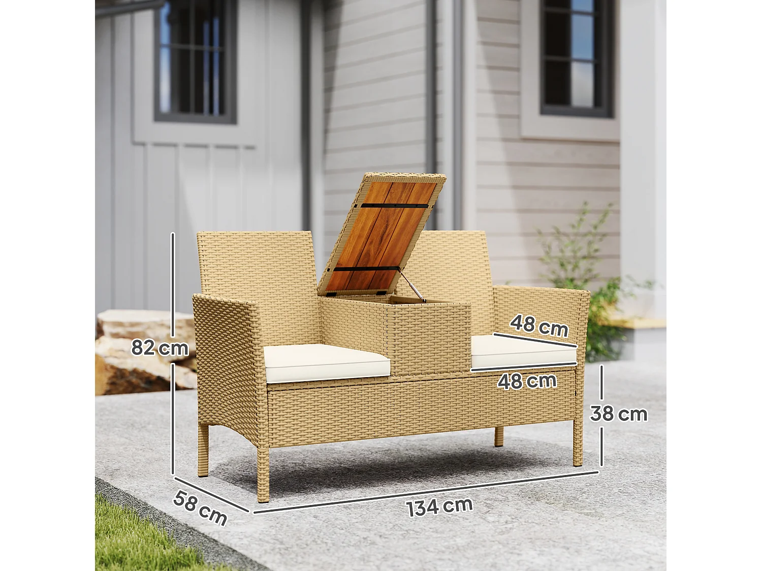 EasyComfort Panca da Giardino con Tavolino a Ribalta Portaoggetti, in Rattan e Acciaio, 134x58x82 cm, Crema e Cachi