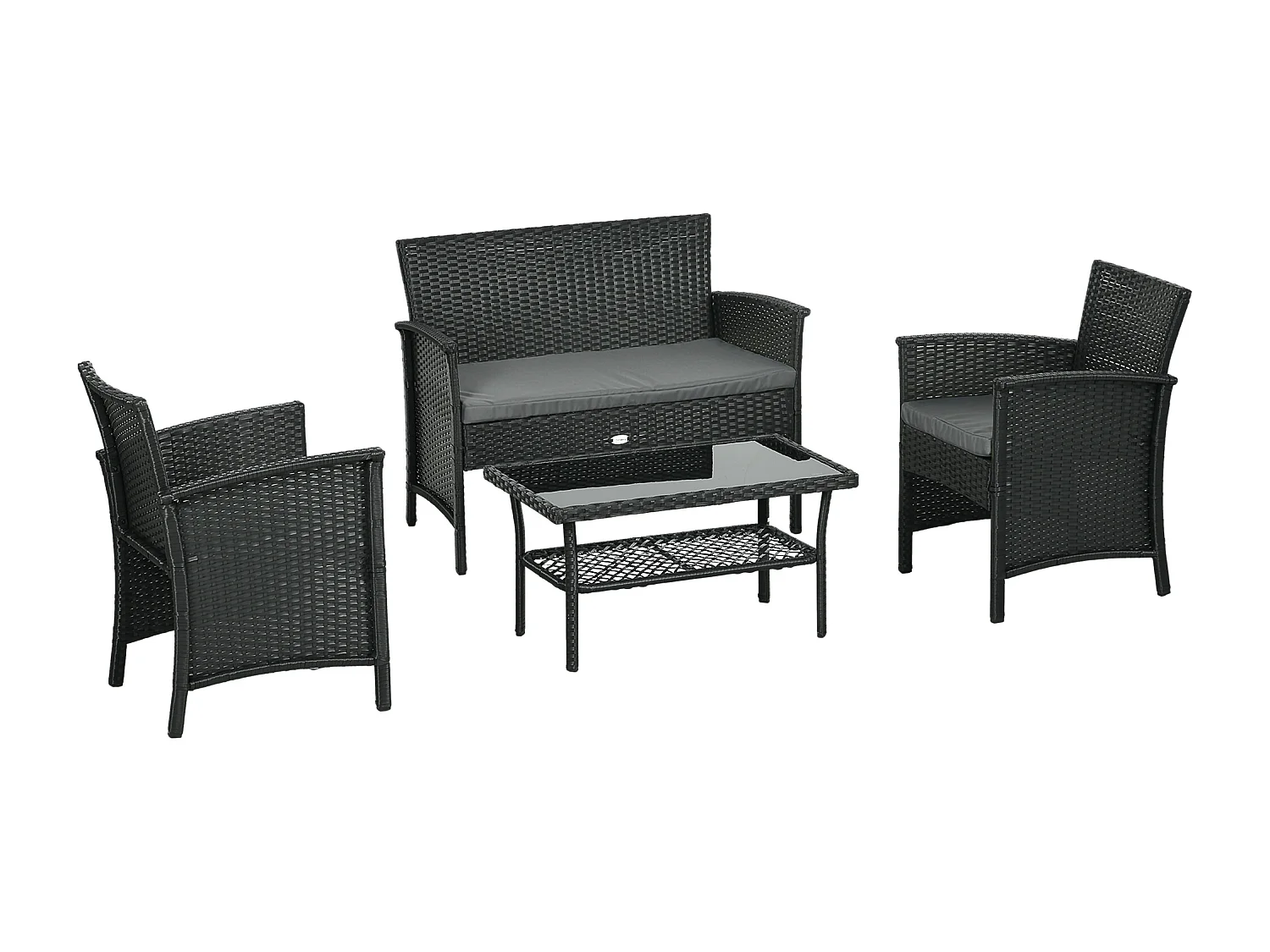 EasyComfort Salotto da Esterno Rattan PE con Divanetto, 2 Poltrone con Cuscini e Tavolino in Vetro, Nero e Grigio