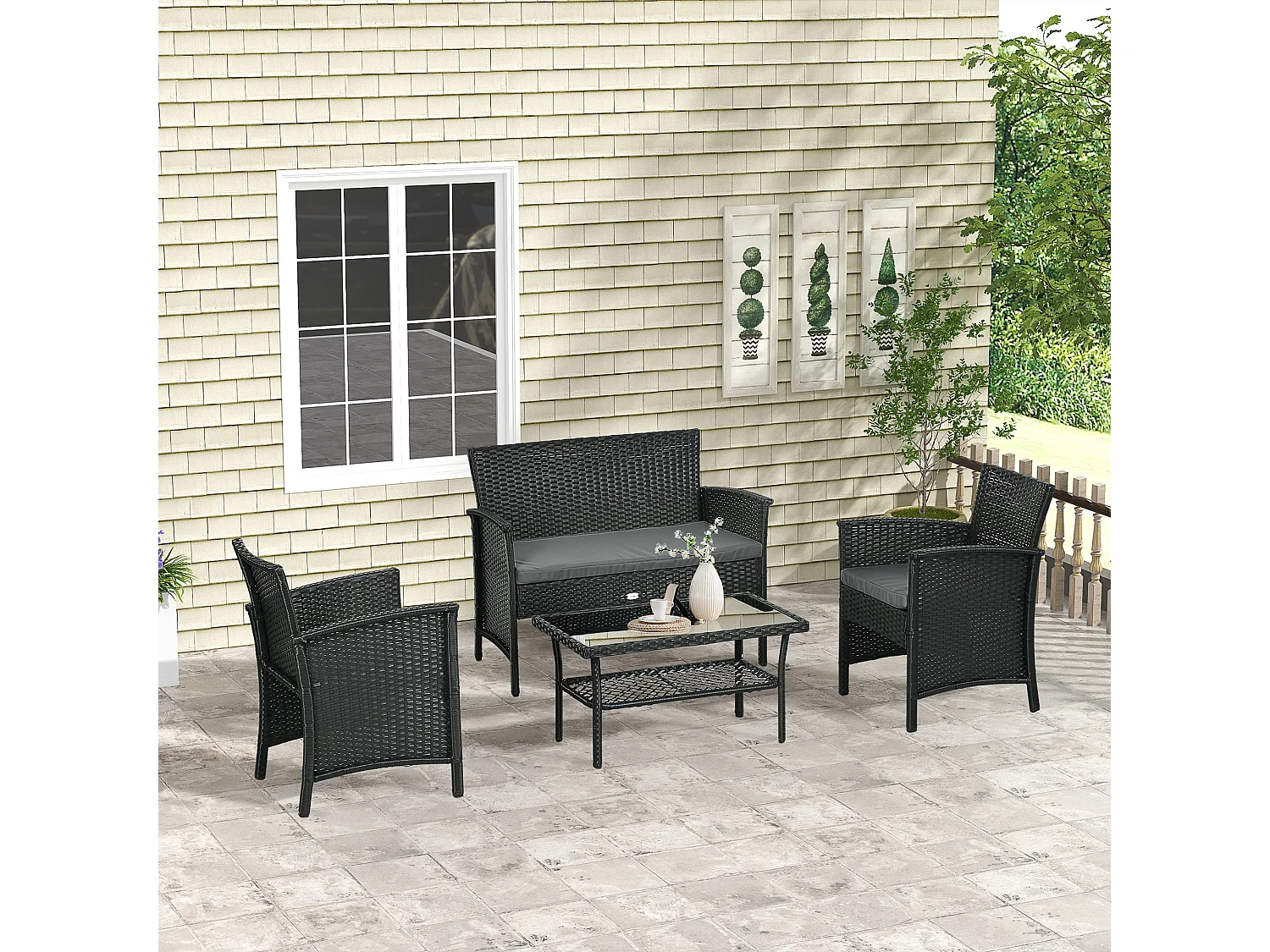 EasyComfort Salotto da Esterno Rattan PE con Divanetto, 2 Poltrone con Cuscini e Tavolino in Vetro, Nero e Grigio