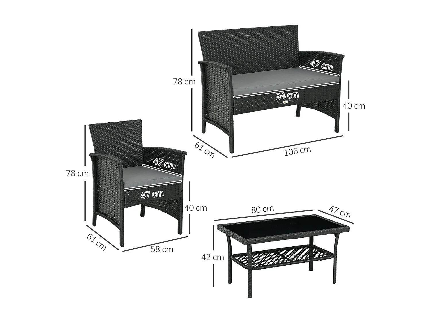 EasyComfort Salotto da Esterno Rattan PE con Divanetto, 2 Poltrone con Cuscini e Tavolino in Vetro, Nero e Grigio