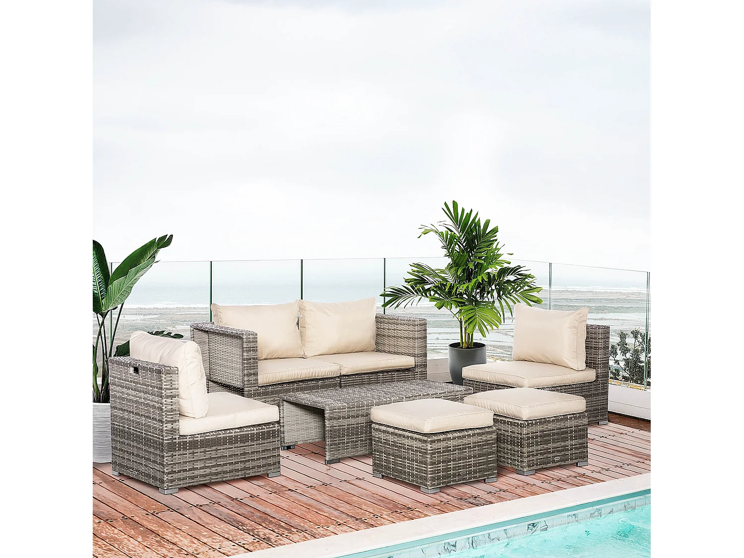 EasyComfort Salotto da Giardino in Rattan PE da 8 Pezzi con Poltrone, Tavolini e Sgabelli, Beige