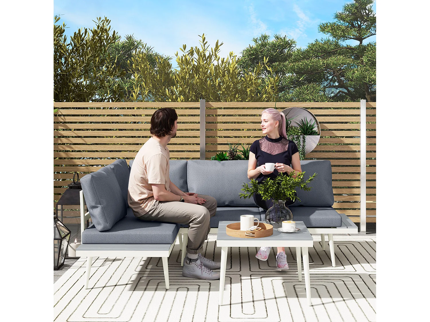 EasyComfort Salotto da Giardino con 2 Divani con Cuscini, Schienale Regolabile a 5 Livelli e Tavolino a Doghe, Grigio