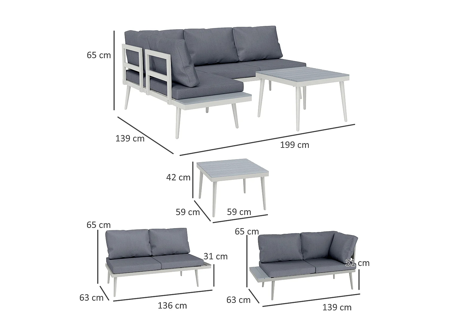 EasyComfort Salotto da Giardino con 2 Divani con Cuscini, Schienale Regolabile a 5 Livelli e Tavolino a Doghe, Grigio