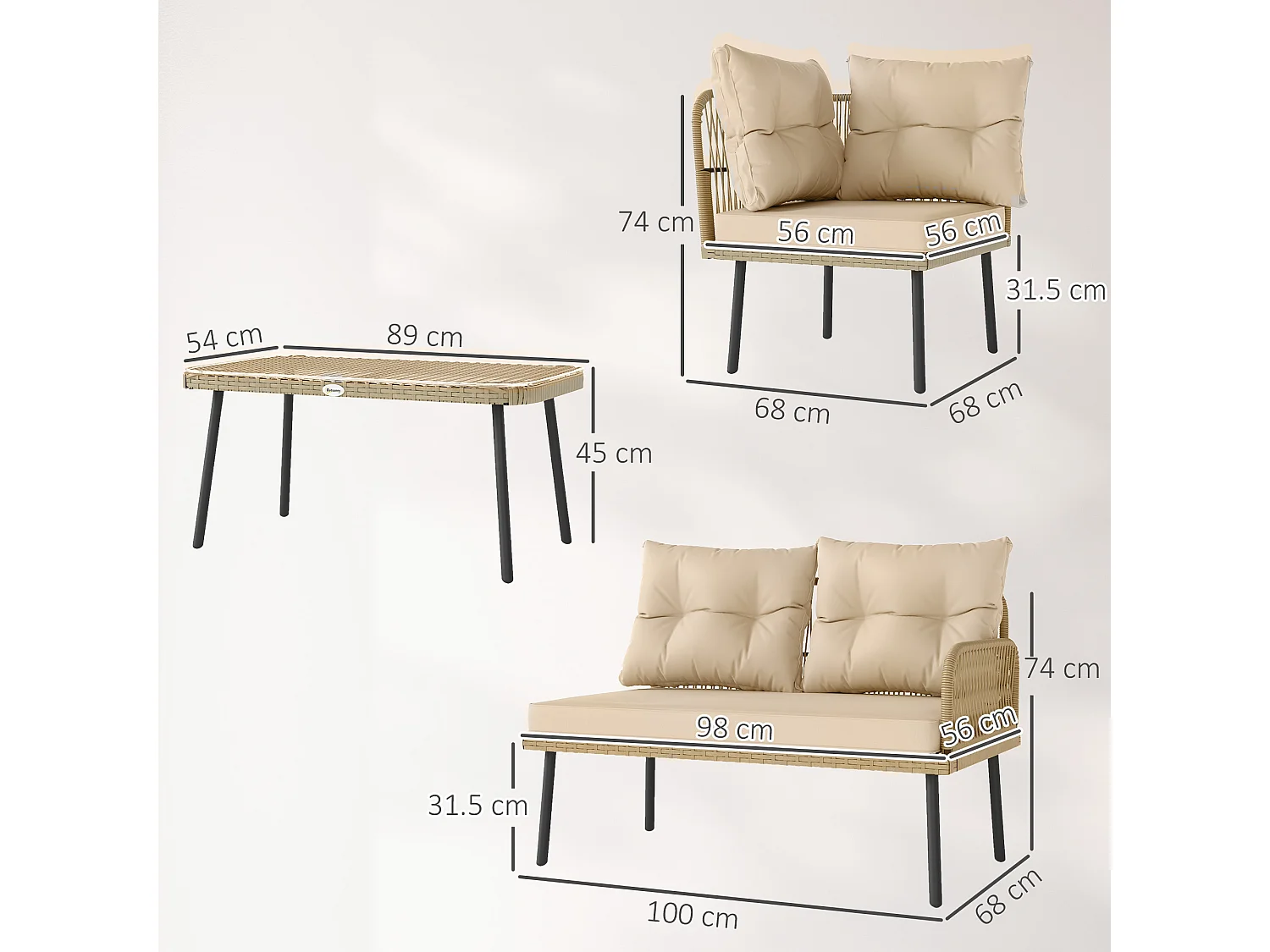 EasyComfort Salotto da Giardino in Rattan 2 Divanetti e Poltrona Angolare con Cuscini, Tavolino in Vetro, Colore Legno