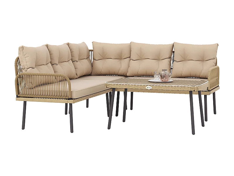 EasyComfort Salotto da Giardino in Rattan 2 Divanetti e Poltrona Angolare con Cuscini, Tavolino in Vetro, Colore Legno