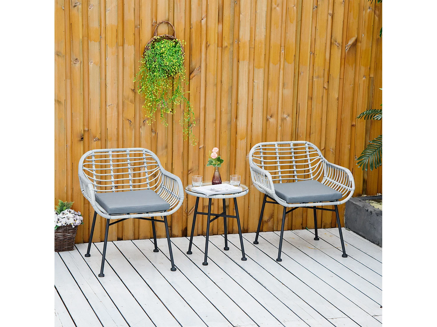 EasyComfort Set Mobili da Giardino in Rattan PE con 2 Sedie e Tavolino con Ripiano in Vetro, Grigio
