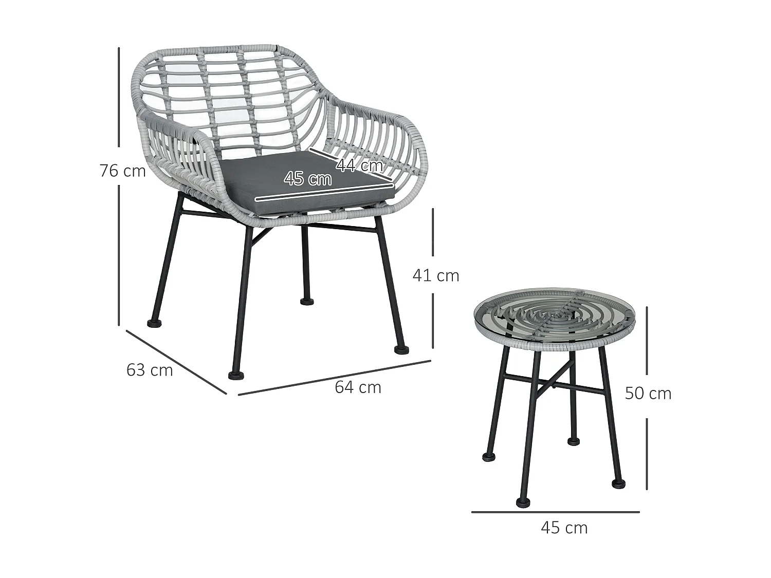 EasyComfort Set Mobili da Giardino in Rattan PE con 2 Sedie e Tavolino con Ripiano in Vetro, Grigio