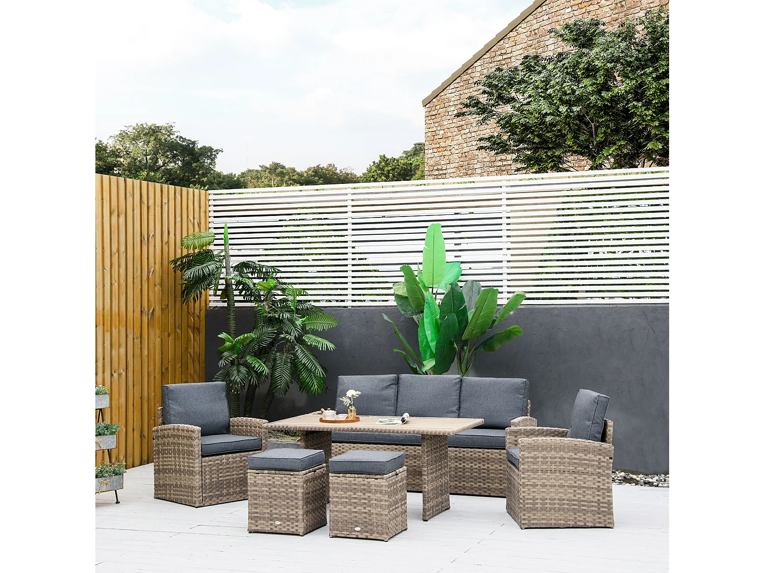 EasyComfort Set Salotto da Giardino in Rattan PE con Divano 3 Posti, 2 Poltrone, 2 Sgabelli e Tavolo, Grigio