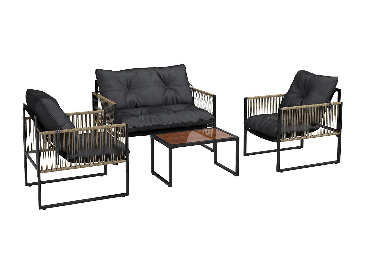 EasyComfort Set da Giardino 4 Pezzi in Rattan con Divanetto, 2 Sedie e Tavolino da Caffè, Grigio e Marrone