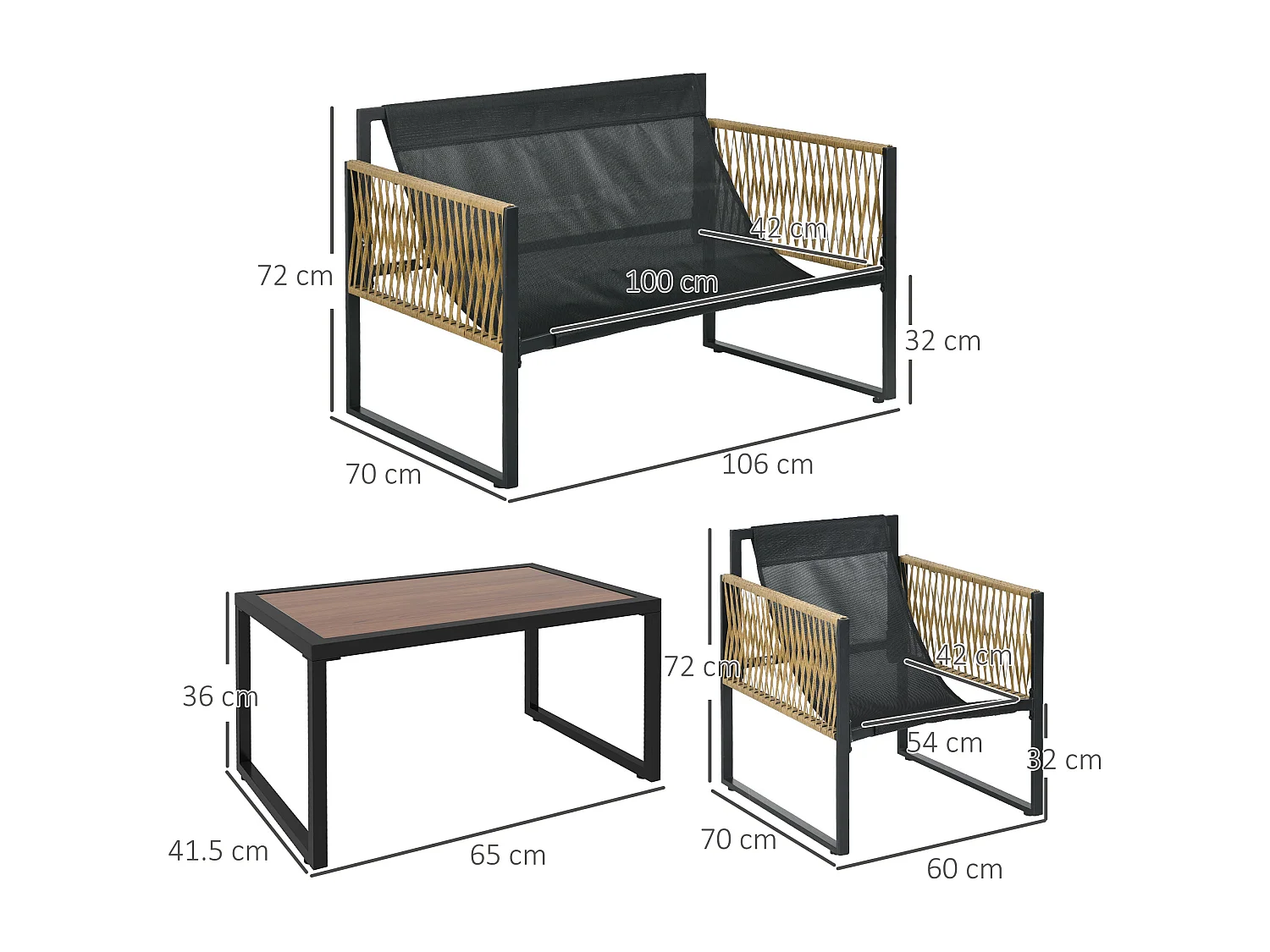 EasyComfort Set da Giardino 4 Pezzi in Rattan con Divanetto, 2 Sedie e Tavolino da Caffè, Grigio e Marrone
