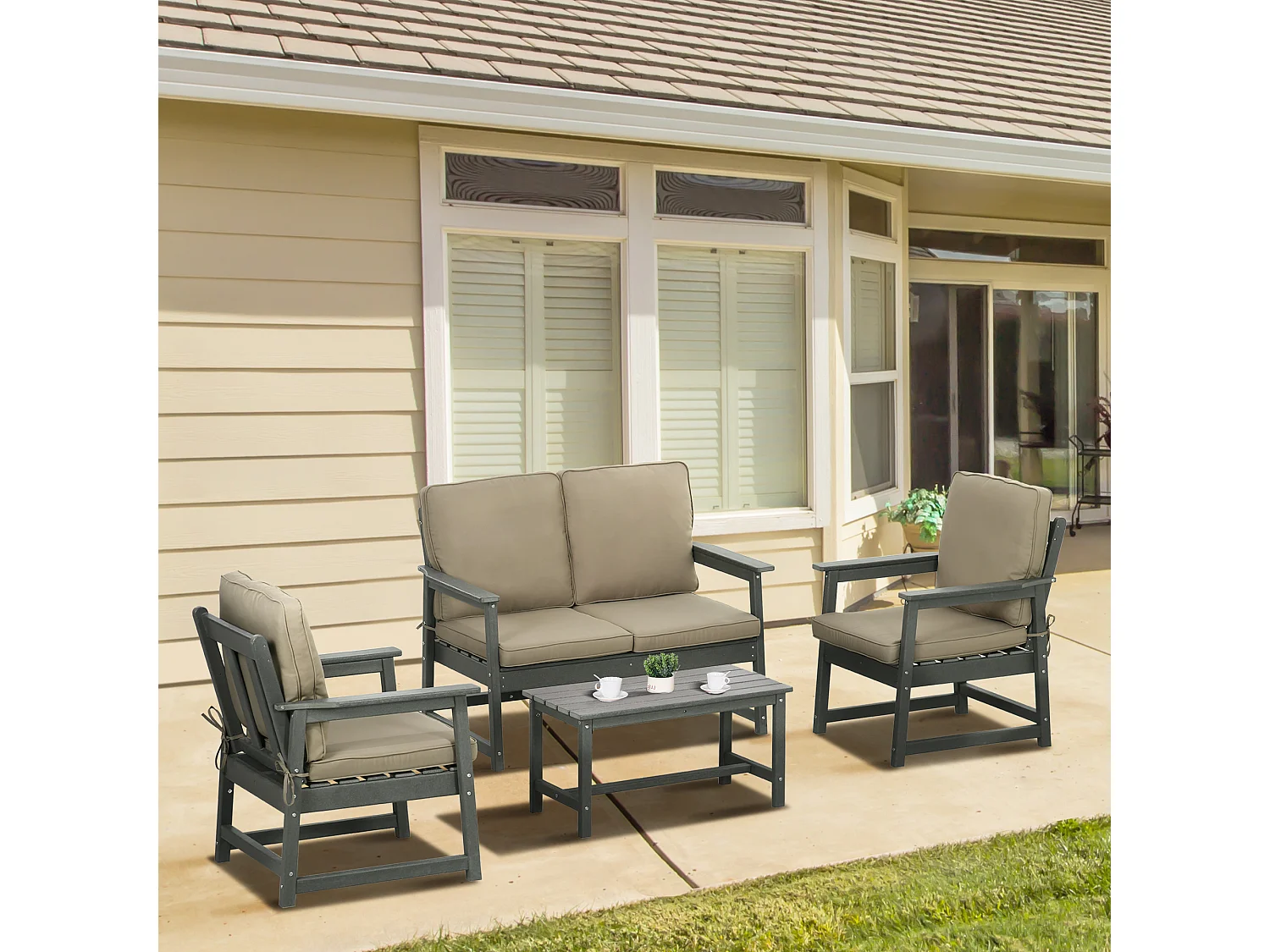 EasyComfort Salotto da Giardino con Divanetto, 2 Poltrone e Tavolino in HDPE con Cuscini, Grigio Scuro