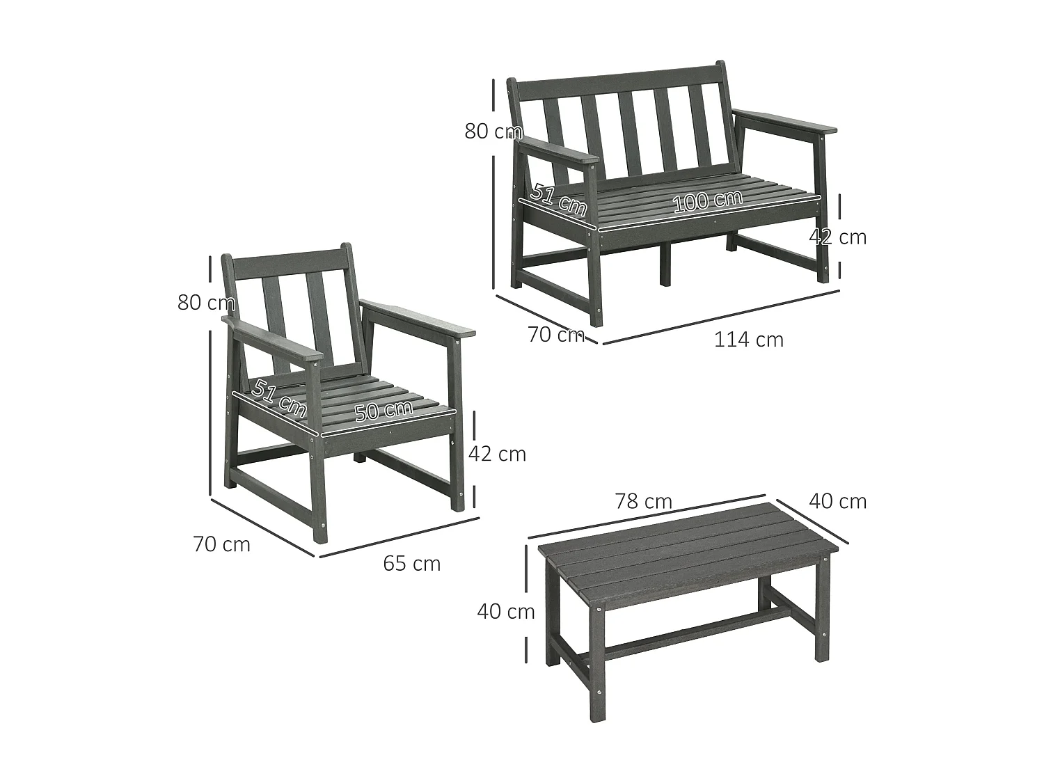 EasyComfort Salotto da Giardino con Divanetto, 2 Poltrone e Tavolino in HDPE con Cuscini, Grigio Scuro