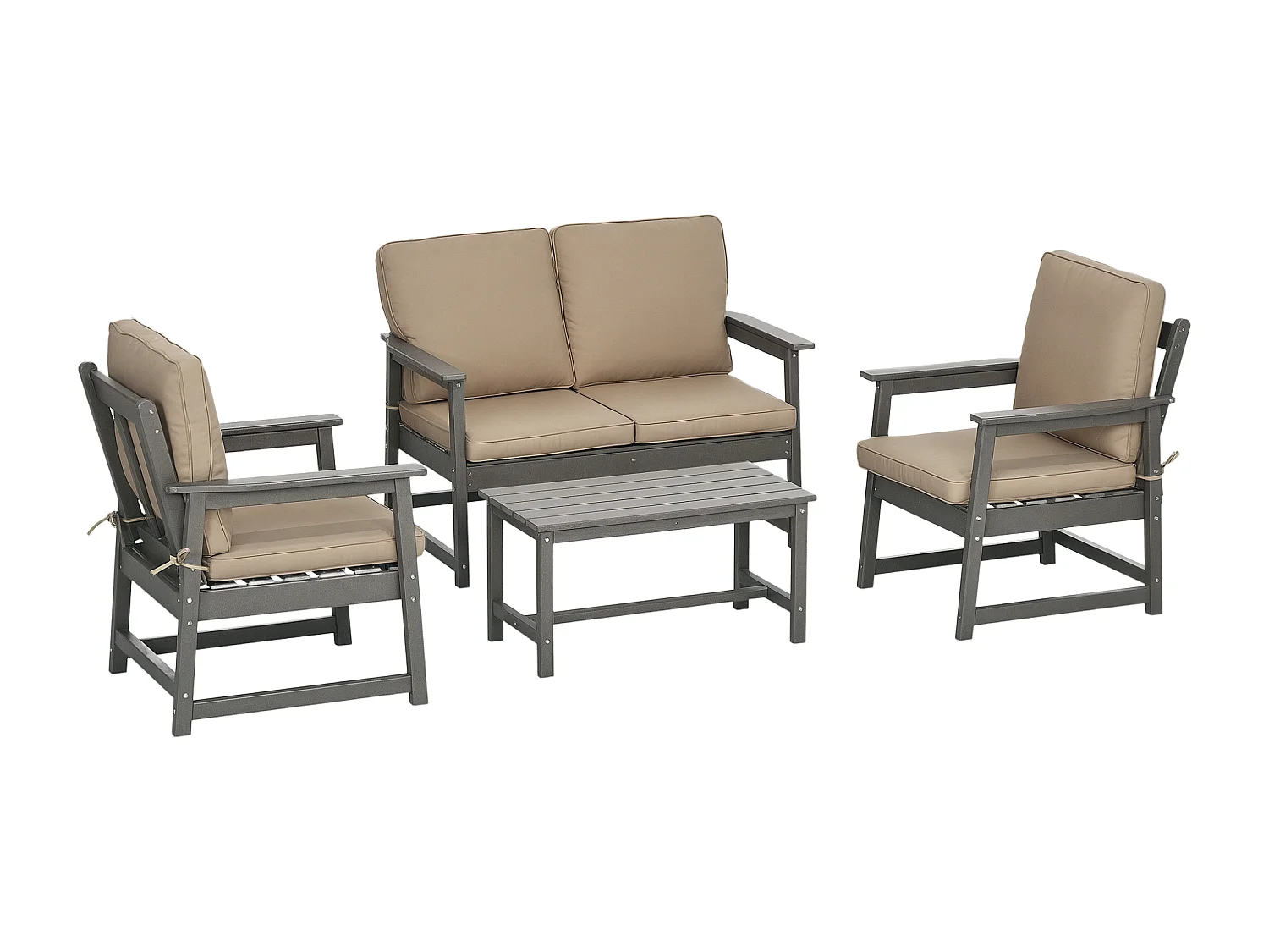 EasyComfort Salotto da Giardino con Divanetto, 2 Poltrone e Tavolino in HDPE con Cuscini, Grigio Scuro