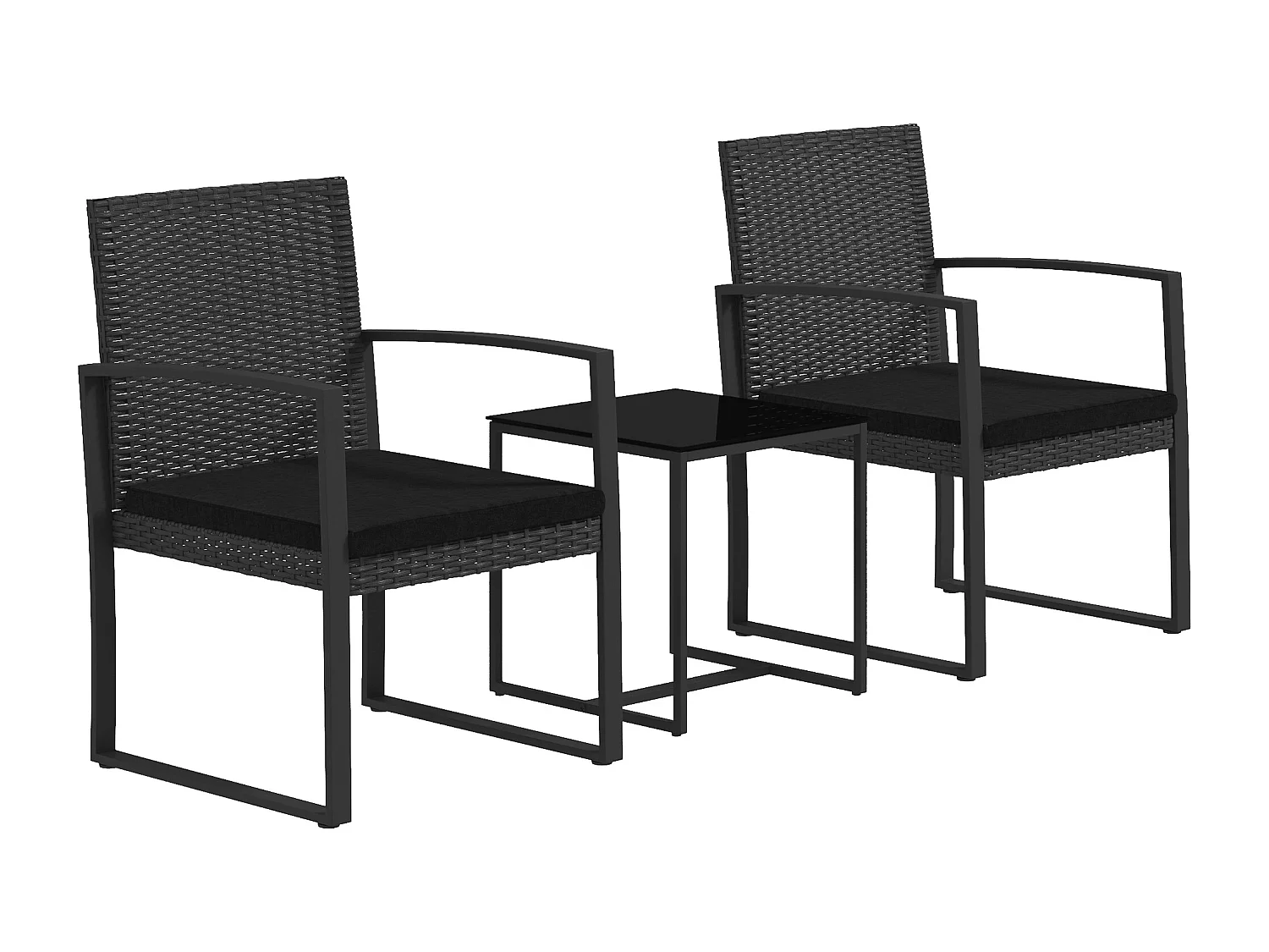 EasyComfort Set da Giardino 3 Pezzi con 2 Sedie con Cuscini e Tavolino con Piano in Vetro, Effetto Rattan Nero