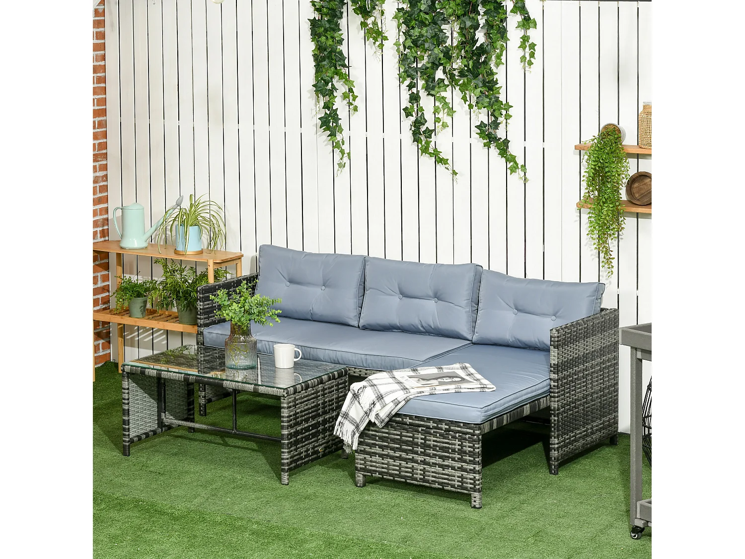 EasyComfort Salotto da Giardino con Divanetto, Chaise Longue e Tavolino in Rattan PE con Cuscini, Grigio