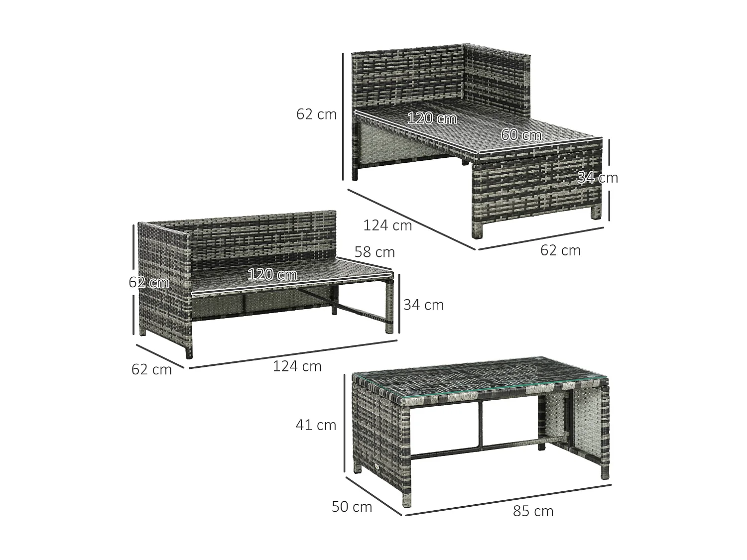EasyComfort Salotto da Giardino con Divanetto, Chaise Longue e Tavolino in Rattan PE con Cuscini, Grigio