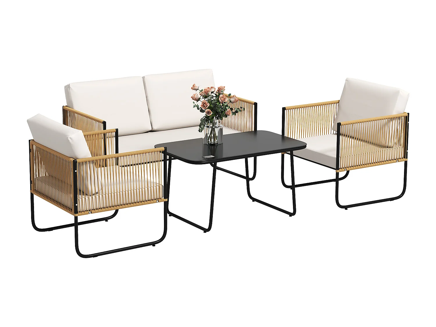 EasyComfort Set da Giardino 4 Pezzi in Rattan e Acciaio con Divanetto, 2 Poltrone da Esterno e Tavolino Basso, Multicolore