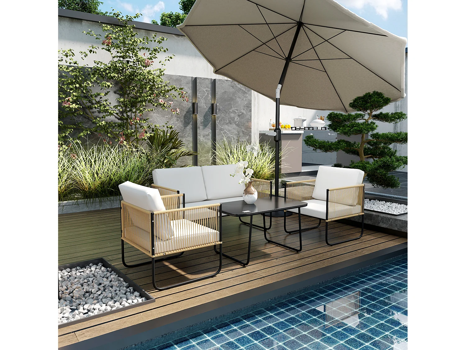 EasyComfort Set da Giardino 4 Pezzi in Rattan e Acciaio con Divanetto, 2 Poltrone da Esterno e Tavolino Basso, Multicolore