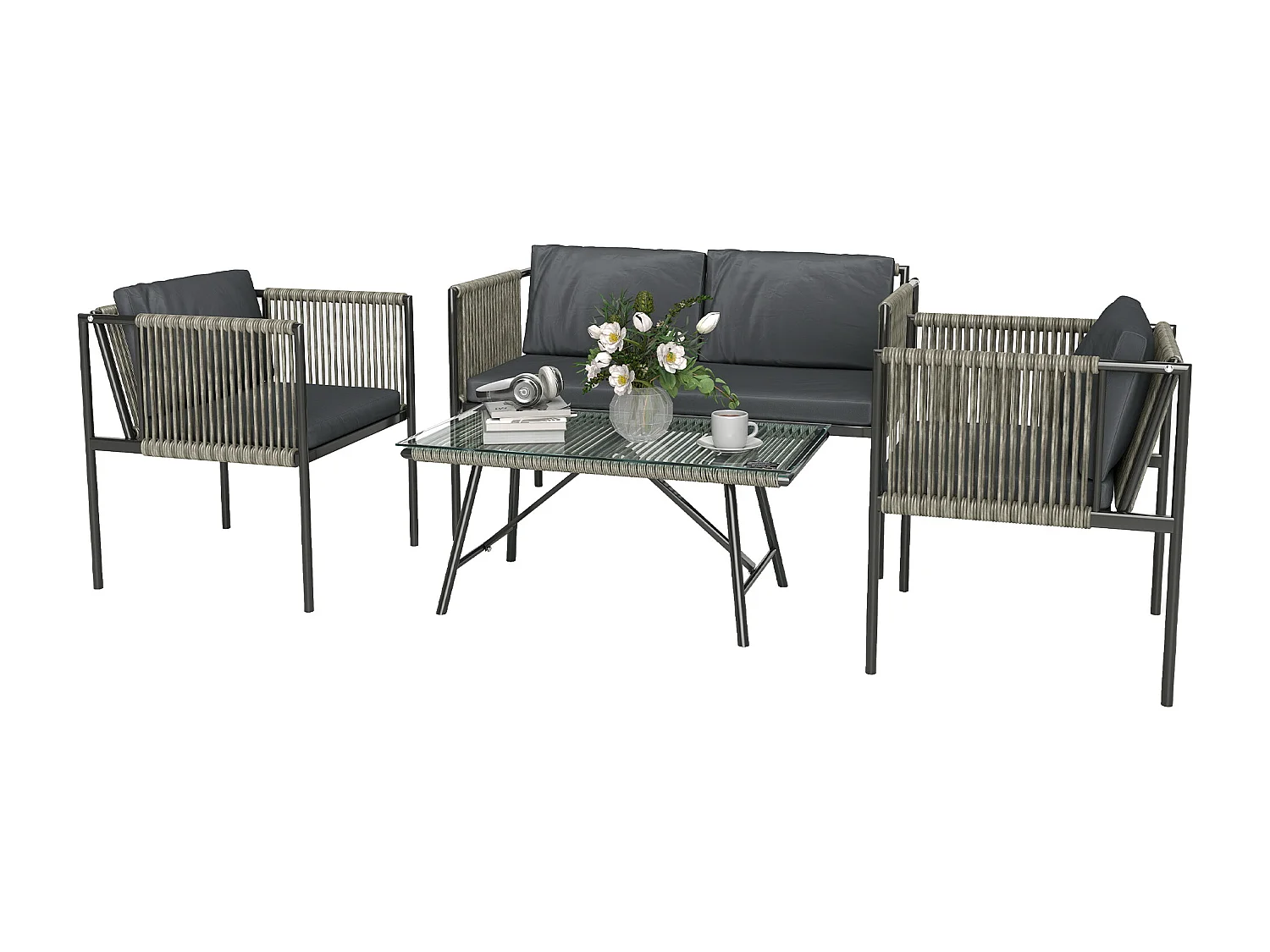 EasyComfort Set Salotto da Giardino in Rattan con 2 Poltrone, Divanetto 2 Posti e Tavolino da Caffè in Vetro, Grigio