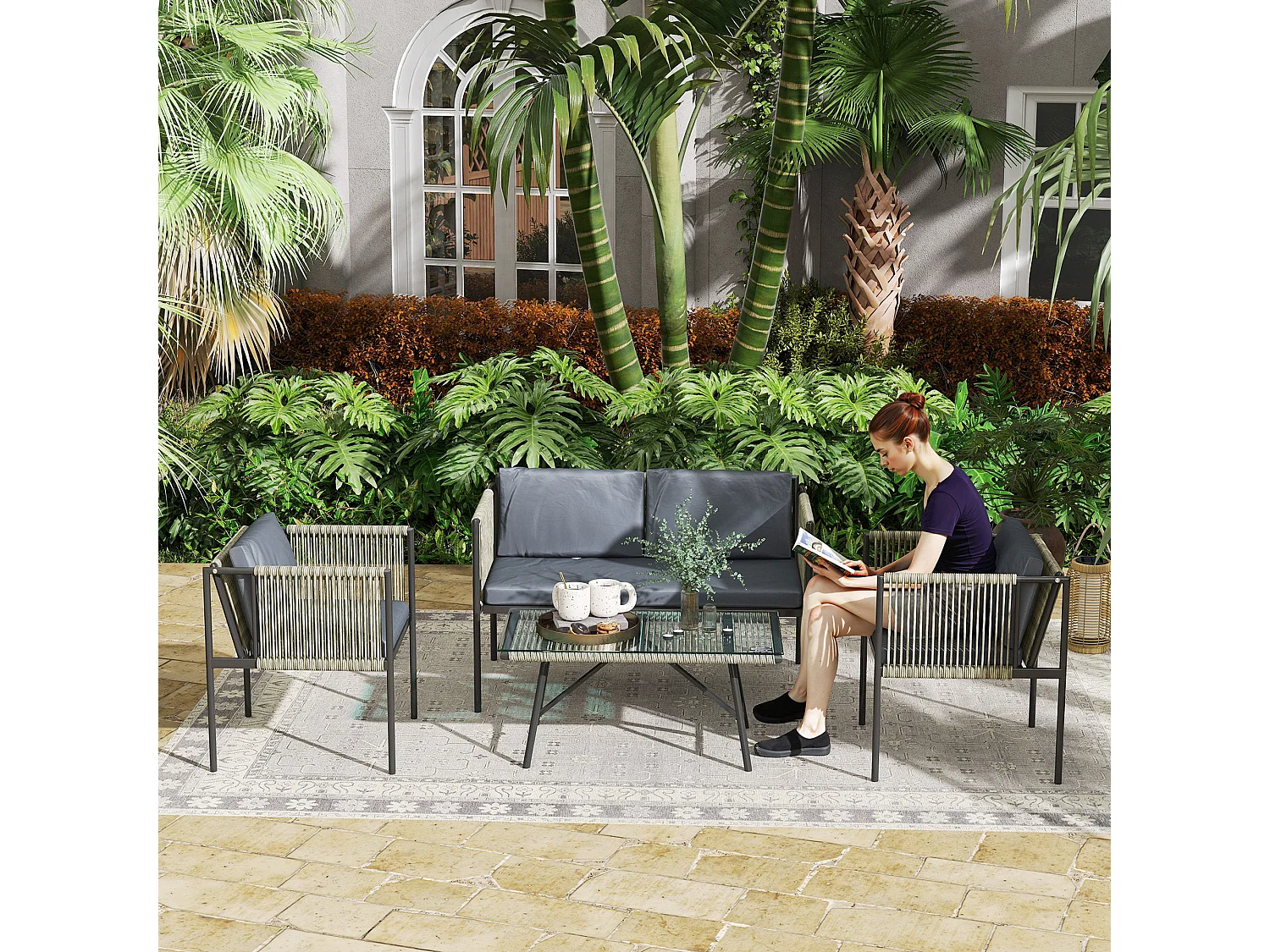 EasyComfort Set Salotto da Giardino in Rattan con 2 Poltrone, Divanetto 2 Posti e Tavolino da Caffè in Vetro, Grigio