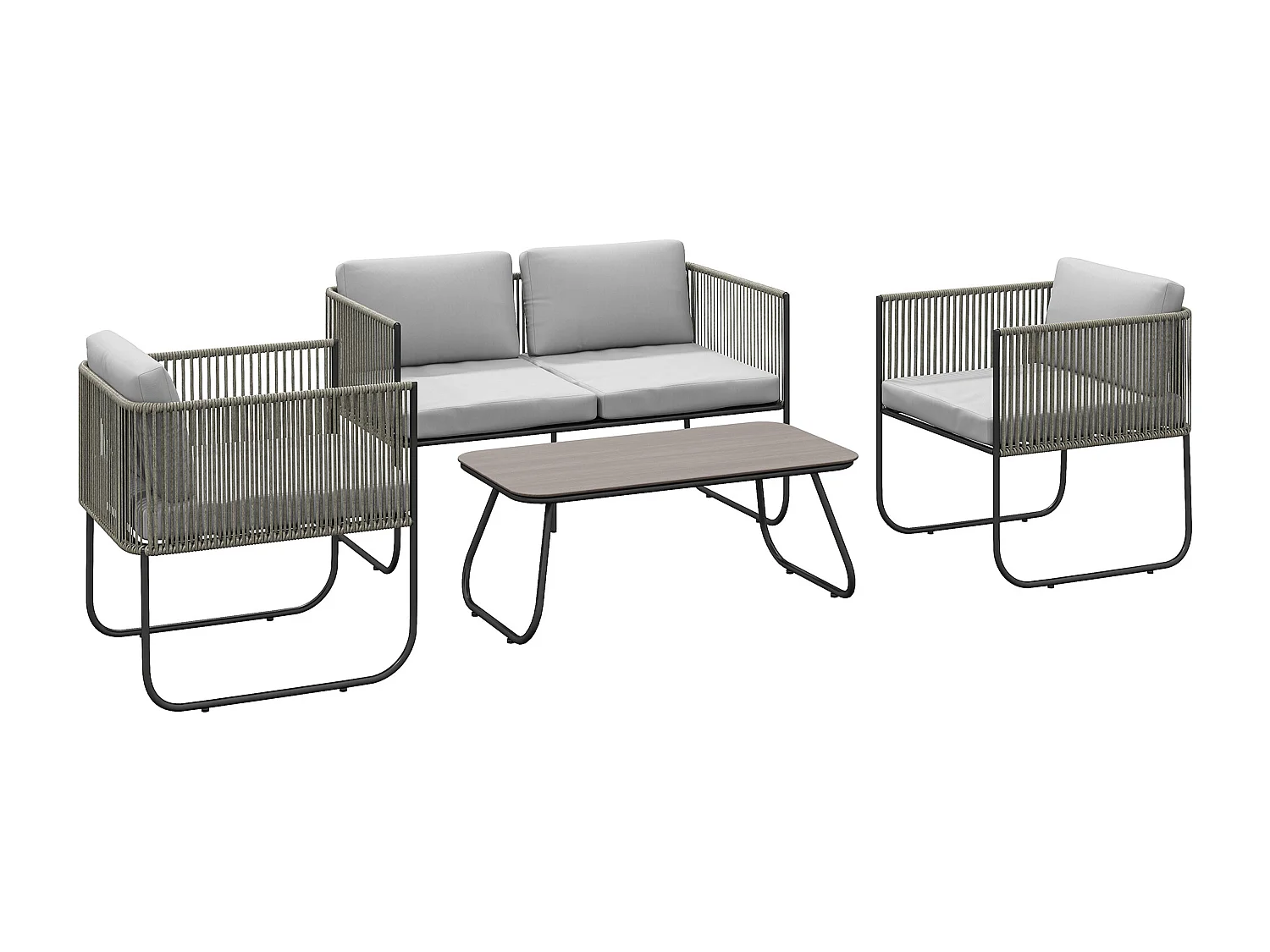 EasyComfort Set da Giardino Rattan con Divanetto 2 Posti, 2 Poltrone e Tavolino in Vetro, Cuscini Sfoderabili, Grigio