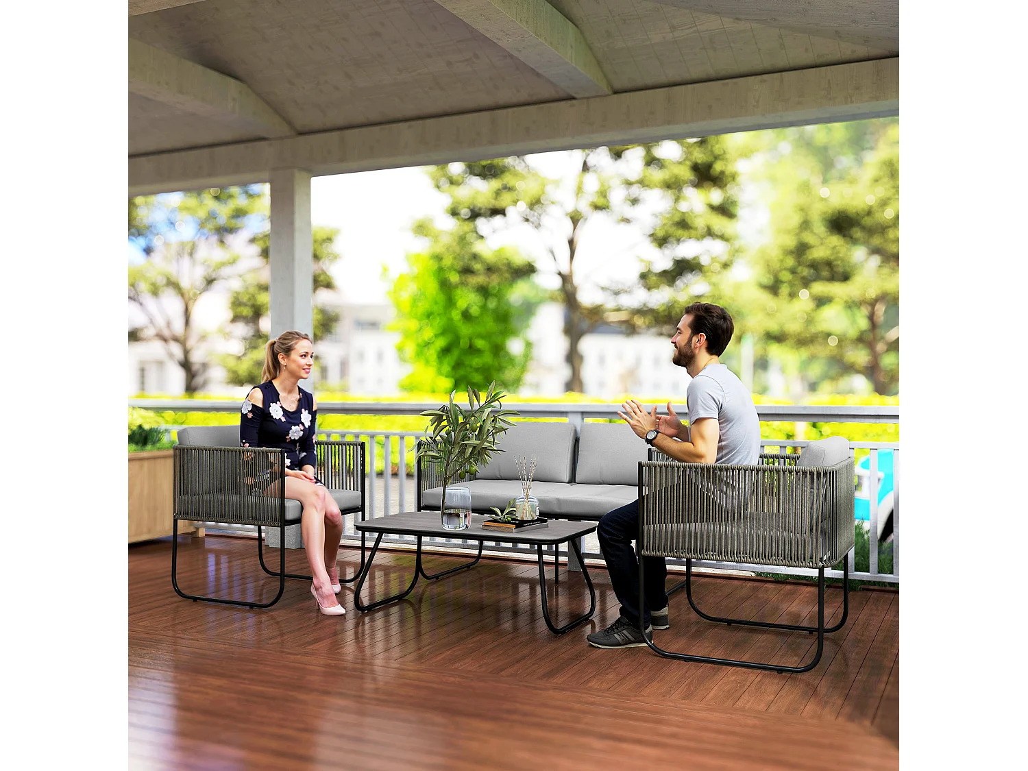 EasyComfort Set da Giardino Rattan con Divanetto 2 Posti, 2 Poltrone e Tavolino in Vetro, Cuscini Sfoderabili, Grigio